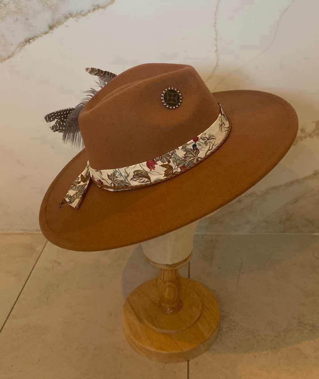 Photo 1 of  NEW CUSTOM DESIGNED FEDORA WITH LOUIS VUITTON MONOGRAM EMBELLISHMENTS HAT - WIDE BRIM CARMEL COLOR (ADJUSTABLE)