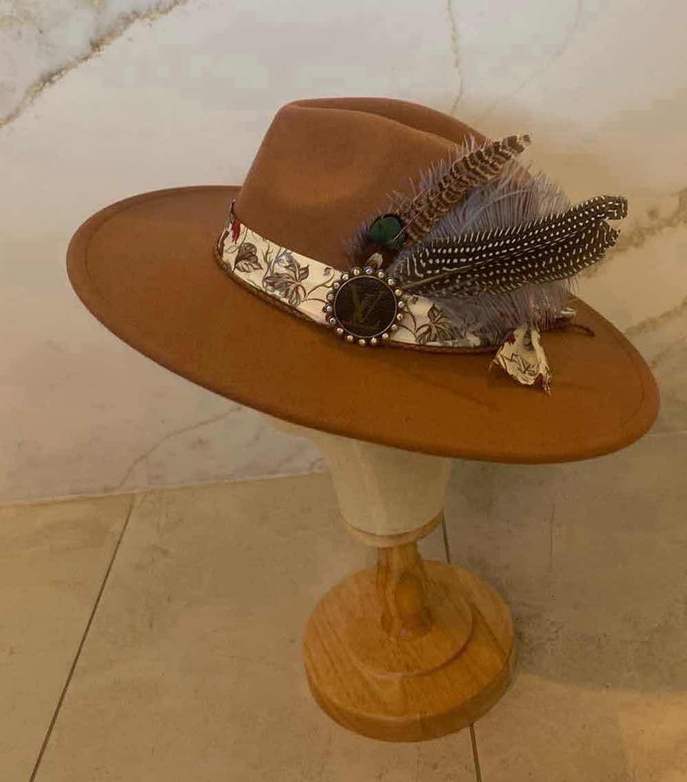 Photo 1 of  NEW CUSTOM DESIGNED FEDORA WITH LOUIS VUITTON MONOGRAM EMBELLISHMENTS HAT - WIDE BRIM CARMEL COLOR (ADJUSTABLE)