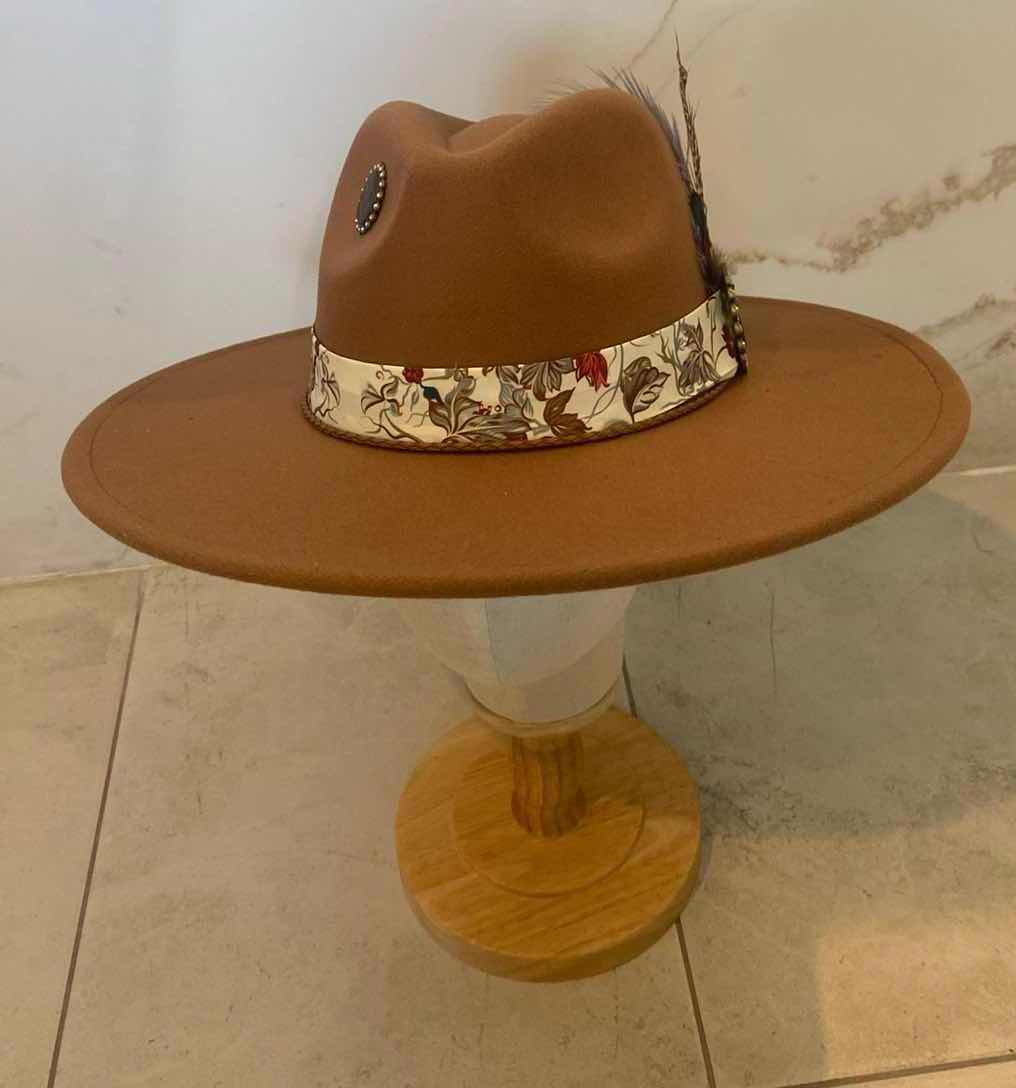 Photo 1 of  NEW CUSTOM DESIGNED FEDORA WITH LOUIS VUITTON MONOGRAM EMBELLISHMENTS HAT - WIDE BRIM CARMEL COLOR (ADJUSTABLE)