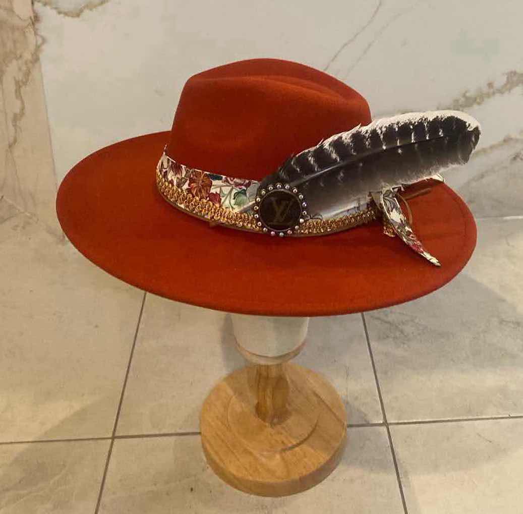 Photo 1 of  NEW CUSTOM DESIGNED FEDORA WITH LOUIS VUITTON MONOGRAM EMBELLISHMENTS HAT - WIDE BRIM CARAMEL COLOR (ADJUSTABLE)