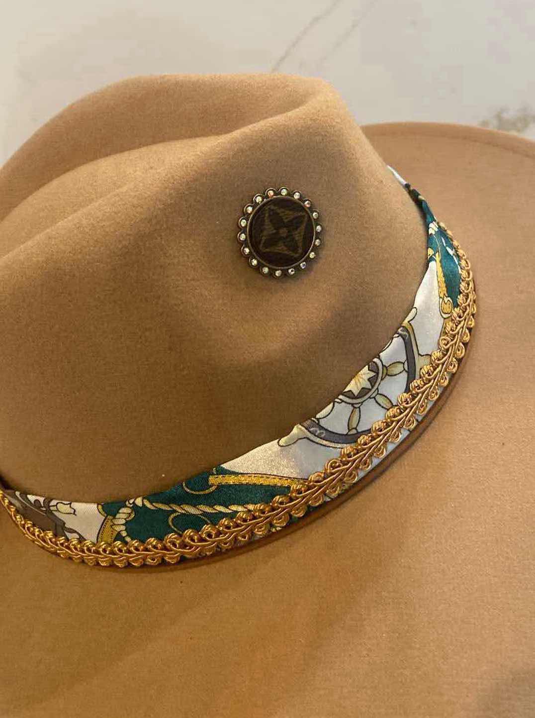 Photo 1 of  NEW CUSTOM DESIGNED FEDORA WITH LOUIS VUITTON MONOGRAM EMBELLISHMENTS HAT - WIDE BRIM GRAYISH TAN COLOR (ADJUSTABLE)