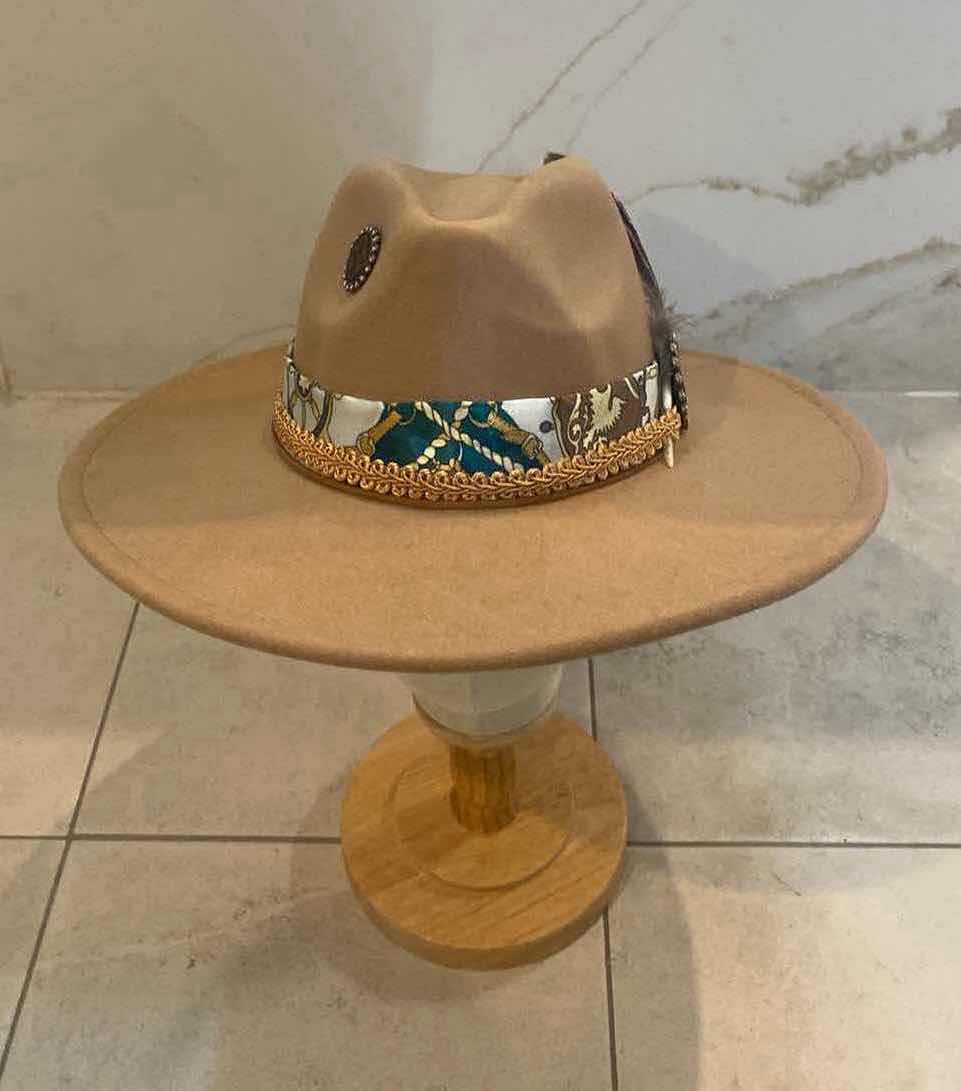 Photo 1 of  NEW CUSTOM DESIGNED FEDORA WITH LOUIS VUITTON MONOGRAM EMBELLISHMENTS HAT - WIDE BRIM GRAYISH TAN COLOR (ADJUSTABLE)