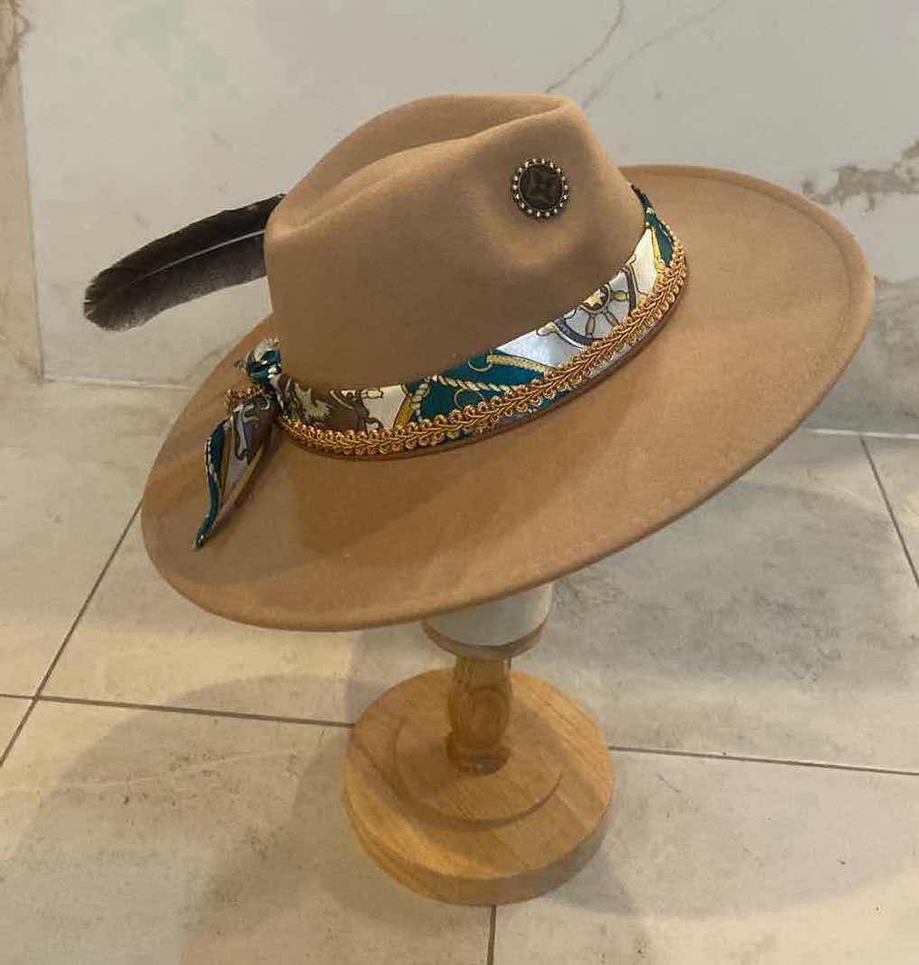 Photo 1 of  NEW CUSTOM DESIGNED FEDORA WITH LOUIS VUITTON MONOGRAM EMBELLISHMENTS HAT - WIDE BRIM GRAYISH TAN COLOR (ADJUSTABLE)