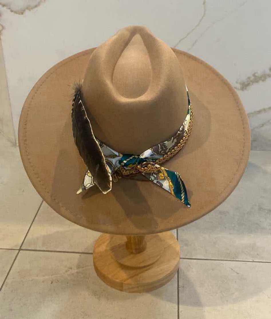 Photo 1 of  NEW CUSTOM DESIGNED FEDORA WITH LOUIS VUITTON MONOGRAM EMBELLISHMENTS HAT - WIDE BRIM GRAYISH TAN COLOR (ADJUSTABLE)