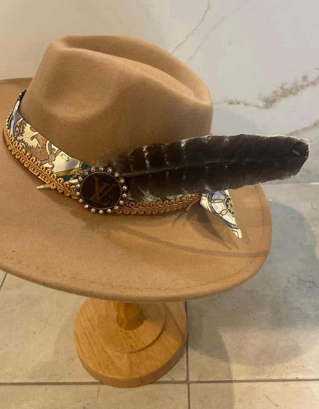 Photo 1 of  NEW CUSTOM DESIGNED FEDORA WITH LOUIS VUITTON MONOGRAM EMBELLISHMENTS HAT - WIDE BRIM GRAYISH TAN COLOR (ADJUSTABLE)