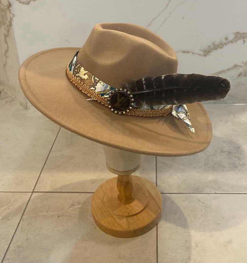 Photo 1 of  NEW CUSTOM DESIGNED FEDORA WITH LOUIS VUITTON MONOGRAM EMBELLISHMENTS HAT - WIDE BRIM GRAYISH TAN COLOR (ADJUSTABLE)