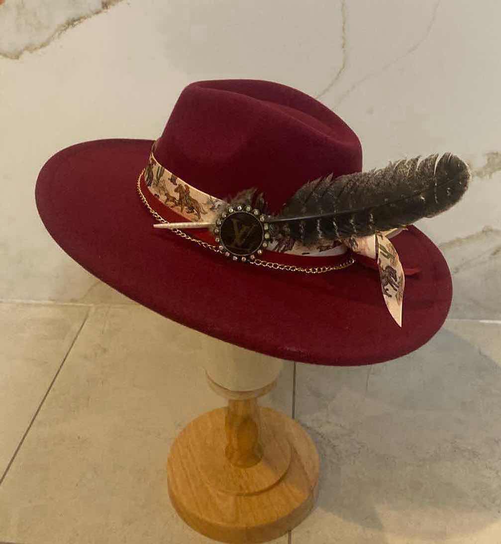 Photo 2 of  NEW CUSTOM DESIGNED FEDORA WITH LOUIS VUITTON MONOGRAM EMBELLISHMENTS HAT - WIDE BRIM WINE RED COLOR (ADJUSTABLE)