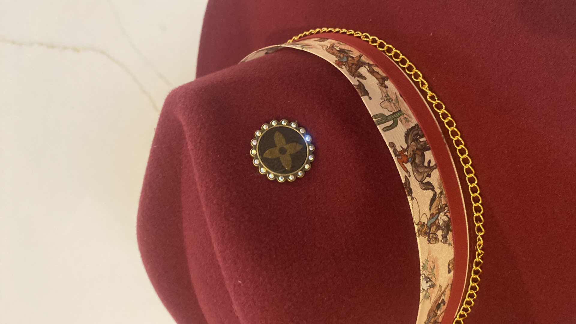 Photo 6 of  NEW CUSTOM DESIGNED FEDORA WITH LOUIS VUITTON MONOGRAM EMBELLISHMENTS HAT - WIDE BRIM WINE RED COLOR (ADJUSTABLE)