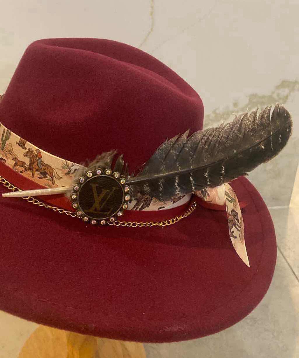 Photo 3 of  NEW CUSTOM DESIGNED FEDORA WITH LOUIS VUITTON MONOGRAM EMBELLISHMENTS HAT - WIDE BRIM WINE RED COLOR (ADJUSTABLE)