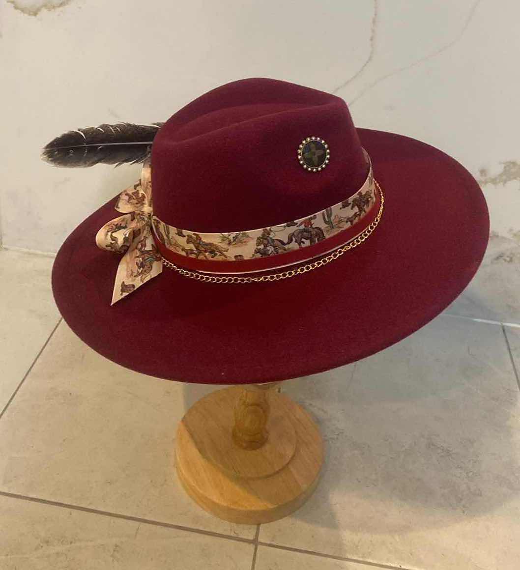 Photo 5 of  NEW CUSTOM DESIGNED FEDORA WITH LOUIS VUITTON MONOGRAM EMBELLISHMENTS HAT - WIDE BRIM WINE RED COLOR (ADJUSTABLE)
