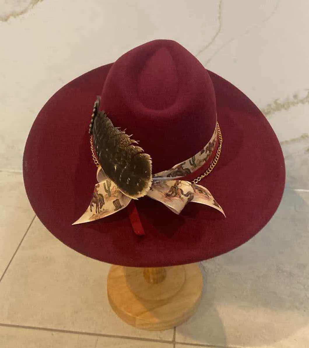 Photo 4 of  NEW CUSTOM DESIGNED FEDORA WITH LOUIS VUITTON MONOGRAM EMBELLISHMENTS HAT - WIDE BRIM WINE RED COLOR (ADJUSTABLE)