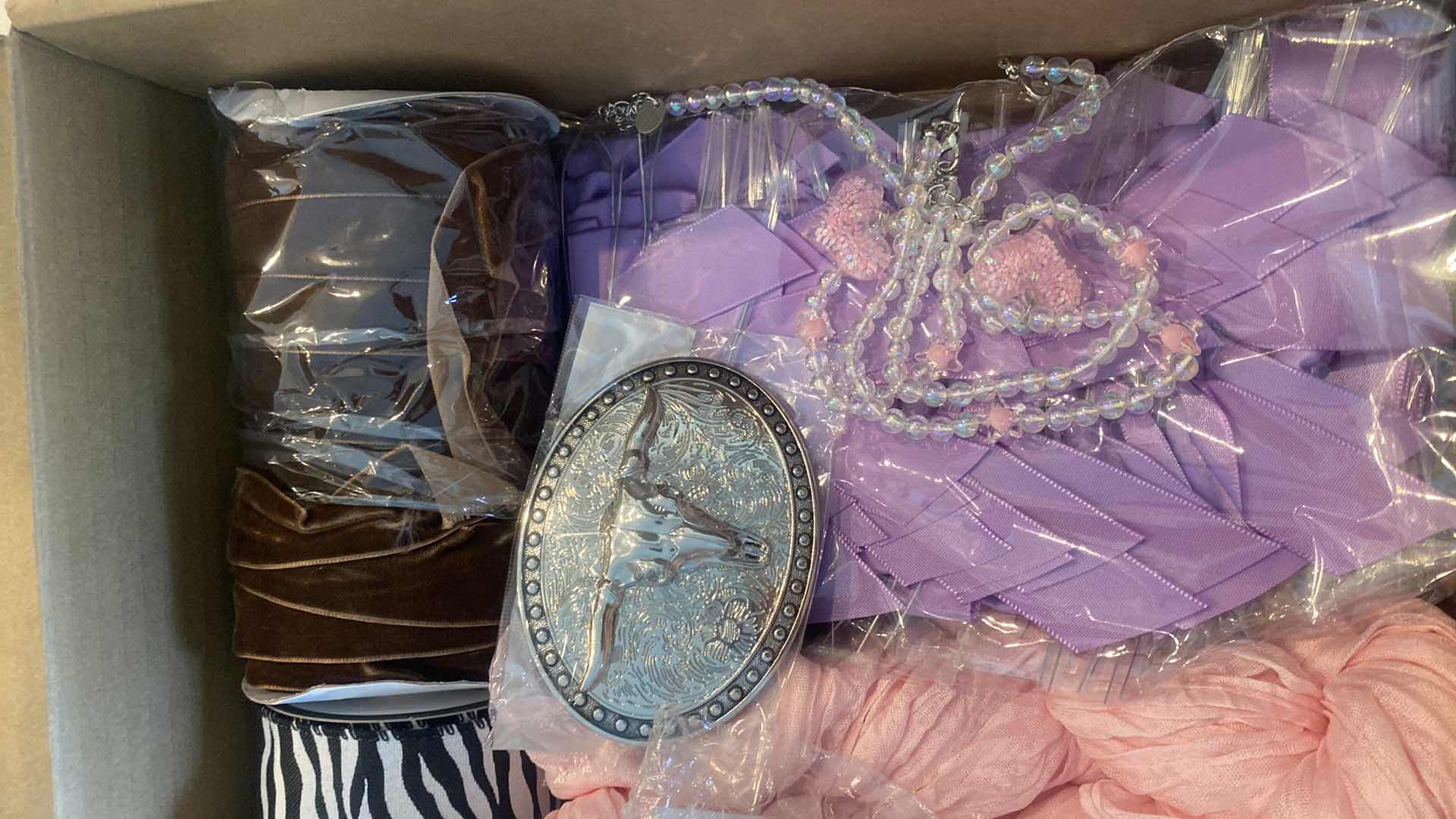 Photo 1 of BOX OF CRAFT SUPPLIES, RIBBON BOWS CHEESE CLOTH & BELT BUCKLES