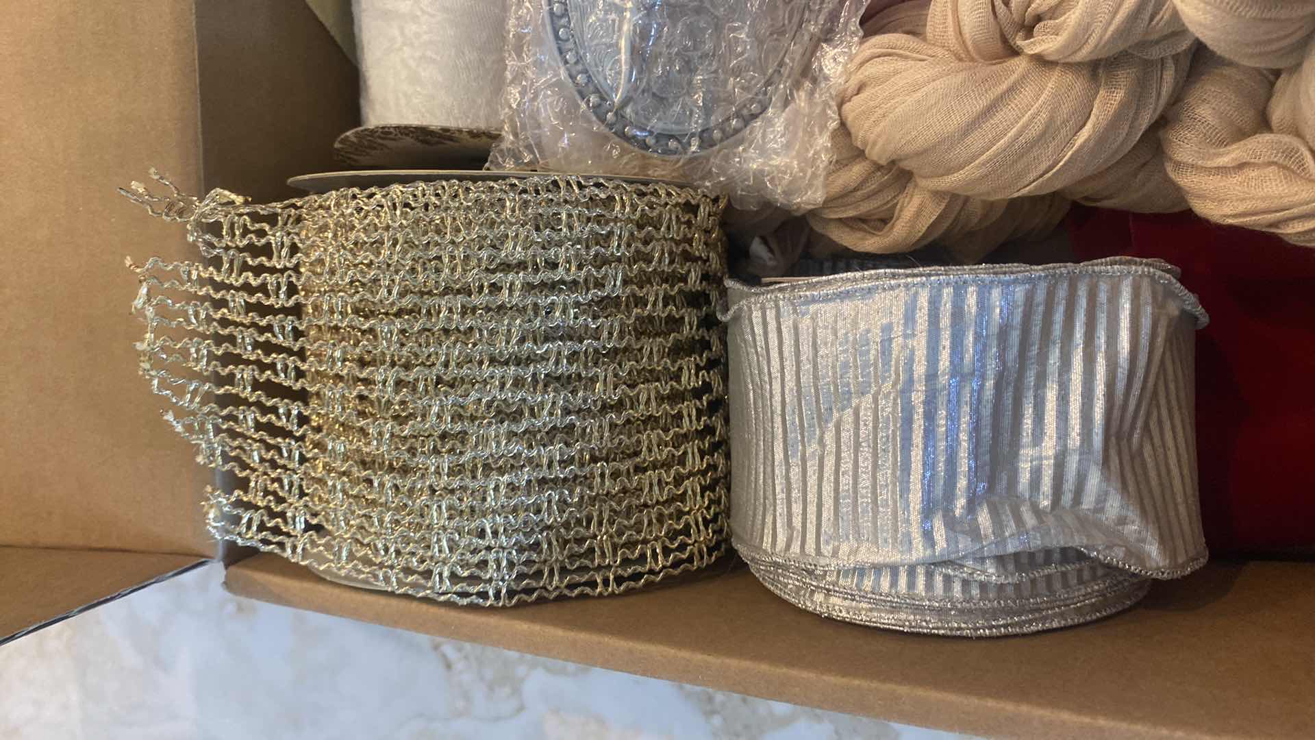 Photo 1 of BOX OF CRAFT SUPPLIES, RIBBON BOWS CHEESE CLOTH & BELT BUCKLES