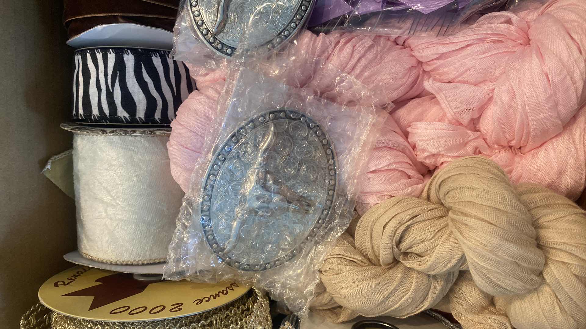 Photo 1 of BOX OF CRAFT SUPPLIES, RIBBON BOWS CHEESE CLOTH & BELT BUCKLES