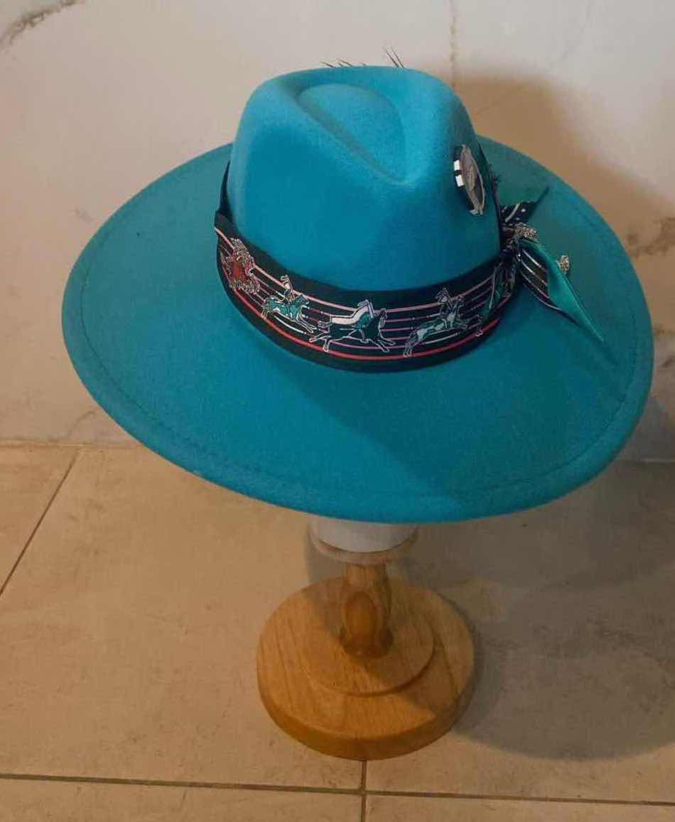 Photo 1 of NEW - CUSTOM DECORATED LAKE BLUE CASINO THEME FEDORA HAT WITH REMOVABLE CARD & FEATHER - ADJUSTABLE WITH INTERIOR RIBBON - TIE TO FIT