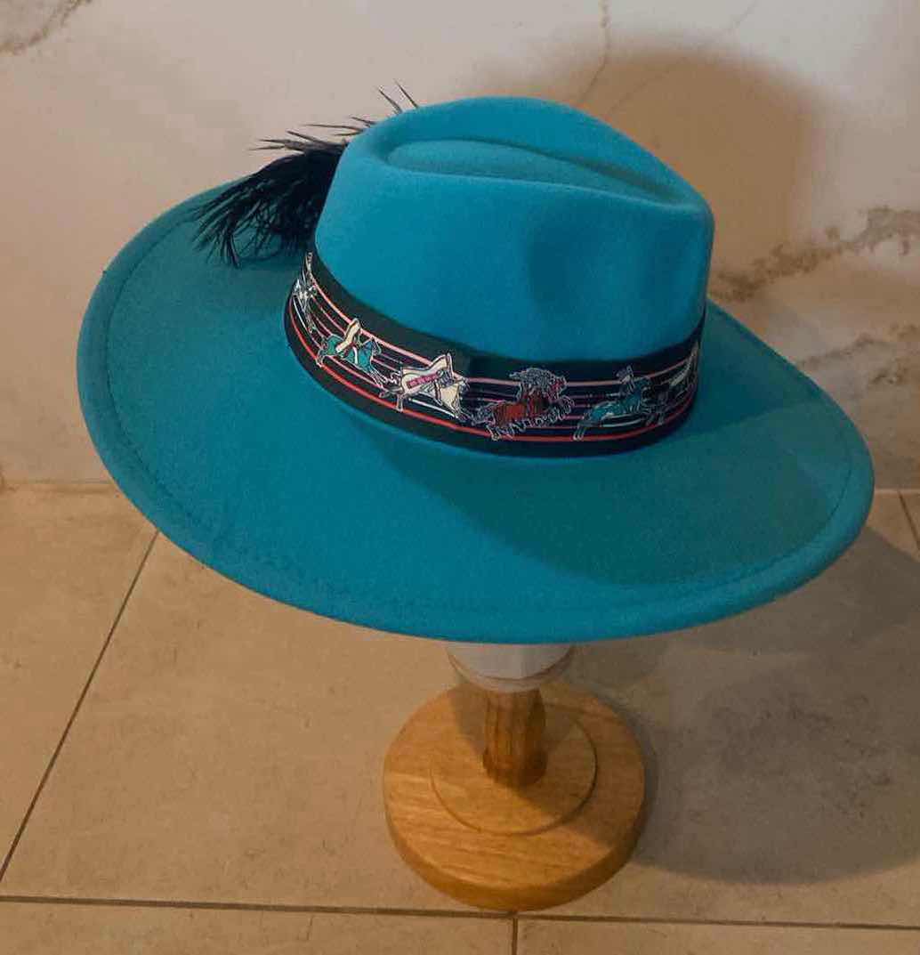 Photo 1 of NEW - CUSTOM DECORATED LAKE BLUE CASINO THEME FEDORA HAT WITH REMOVABLE CARD & FEATHER - ADJUSTABLE WITH INTERIOR RIBBON - TIE TO FIT