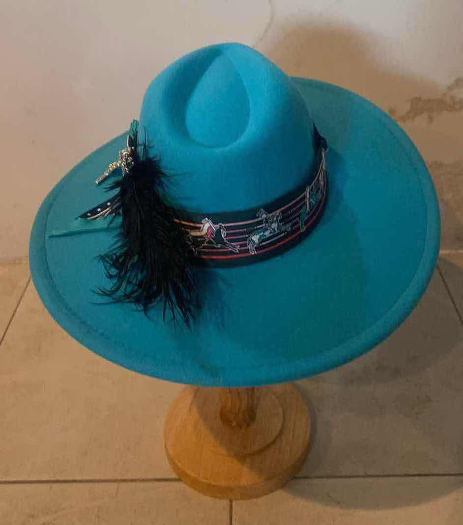 Photo 1 of NEW - CUSTOM DECORATED LAKE BLUE CASINO THEME FEDORA HAT WITH REMOVABLE CARD & FEATHER - ADJUSTABLE WITH INTERIOR RIBBON - TIE TO FIT