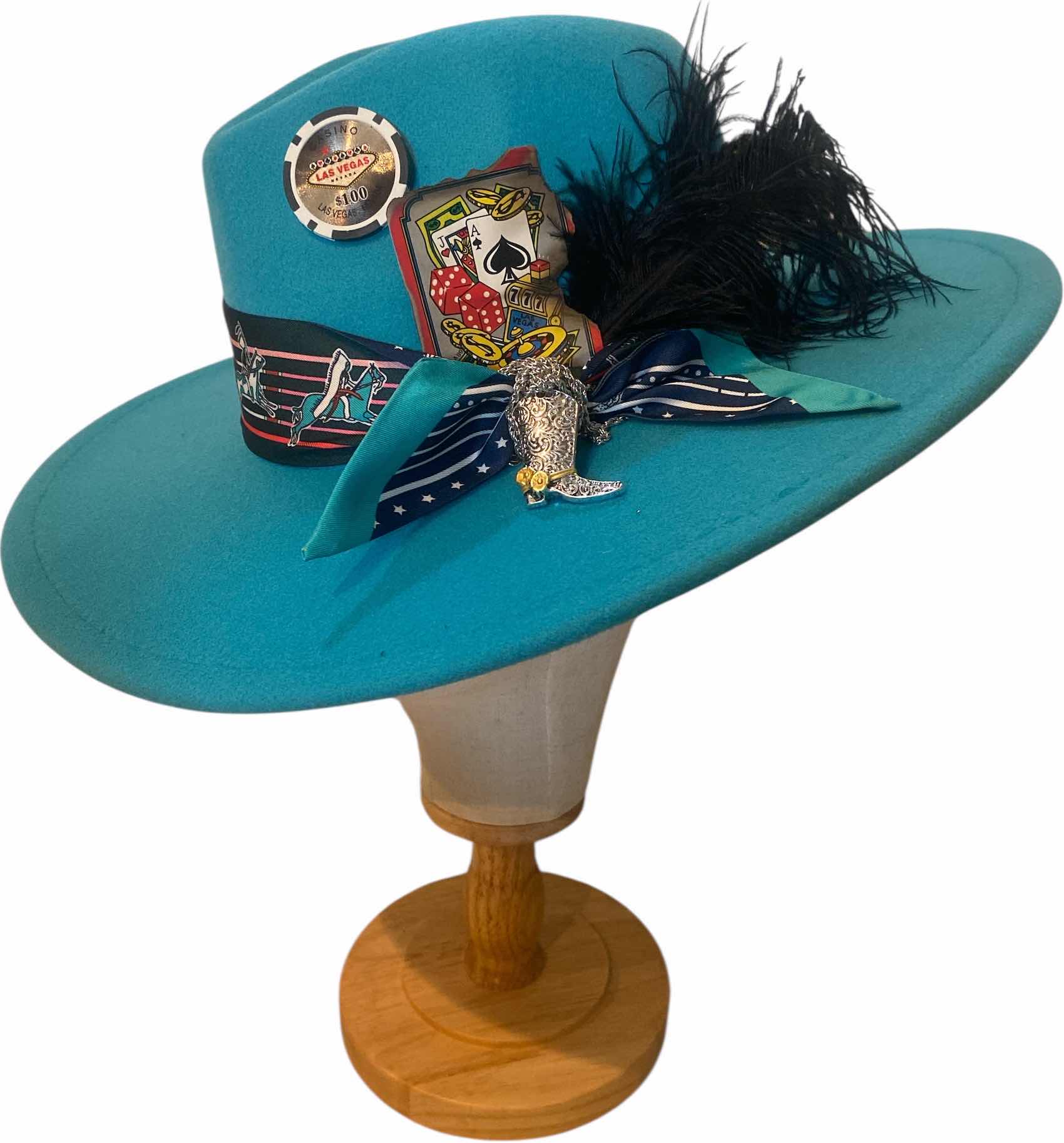 Photo 1 of NEW - CUSTOM DECORATED LAKE BLUE CASINO THEME FEDORA HAT WITH REMOVABLE CARD & FEATHER - ADJUSTABLE WITH INTERIOR RIBBON - TIE TO FIT