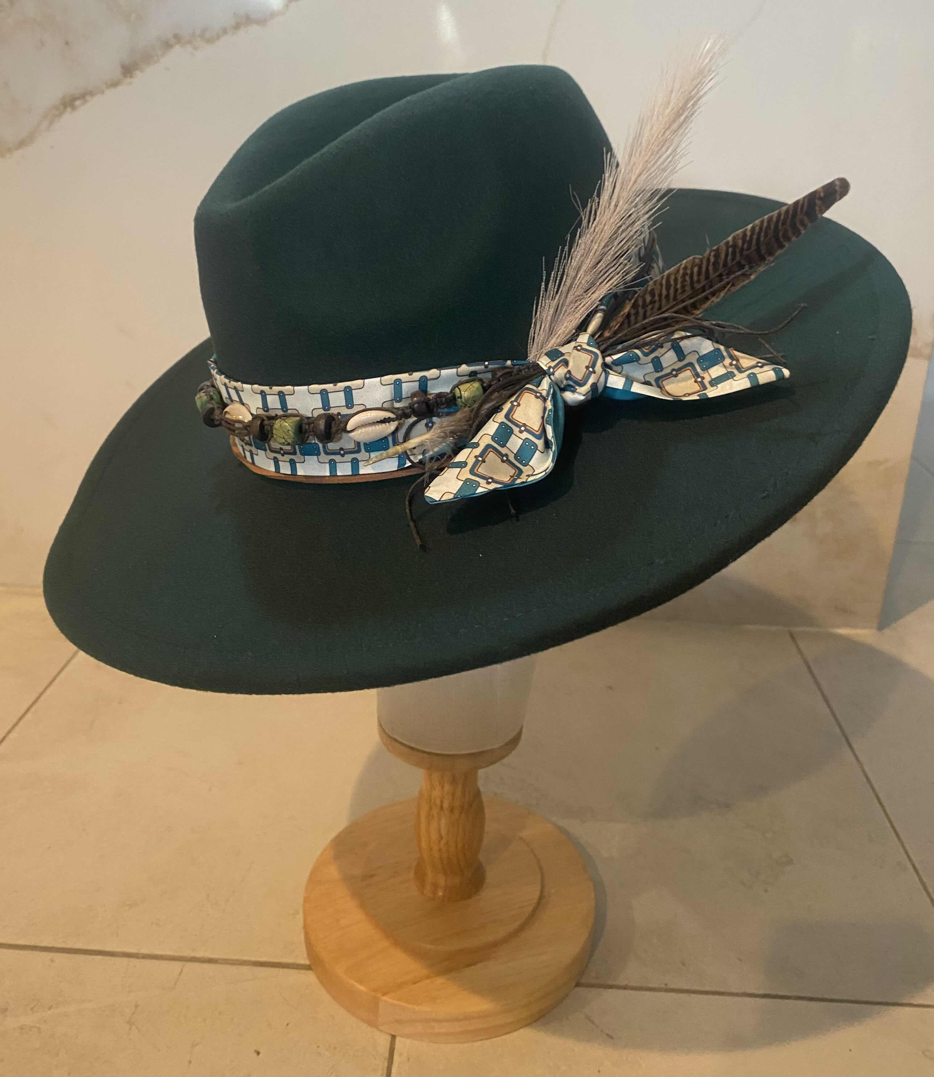 Photo 1 of NEW - CUSTOM DECORATED FOREST GREEN FEDORA HAT WITH FEATHER - ADJUSTABLE WITH INTERIOR RIBBON - TIE TO FIT