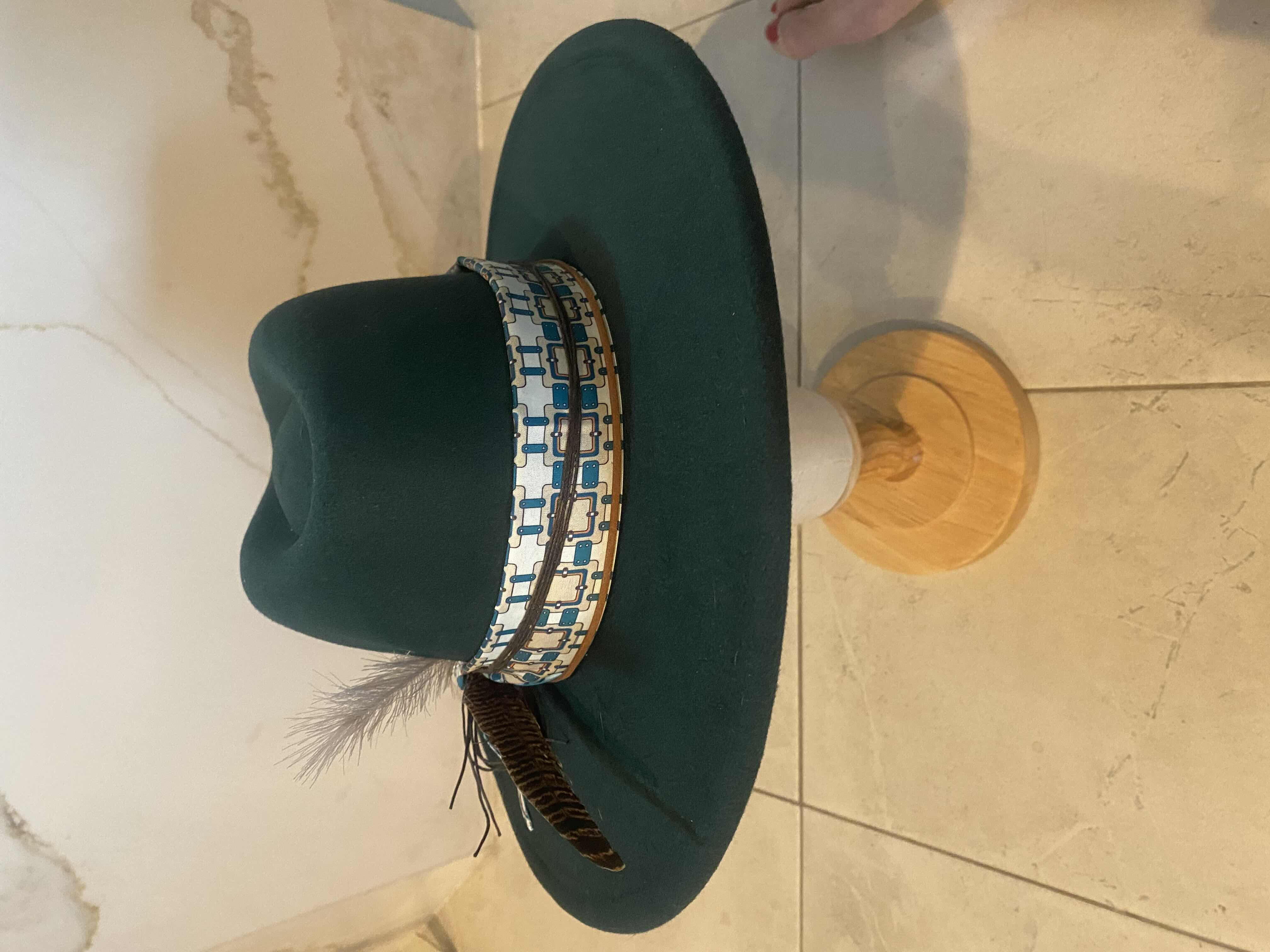 Photo 1 of NEW - CUSTOM DECORATED FOREST GREEN FEDORA HAT WITH FEATHER - ADJUSTABLE WITH INTERIOR RIBBON - TIE TO FIT