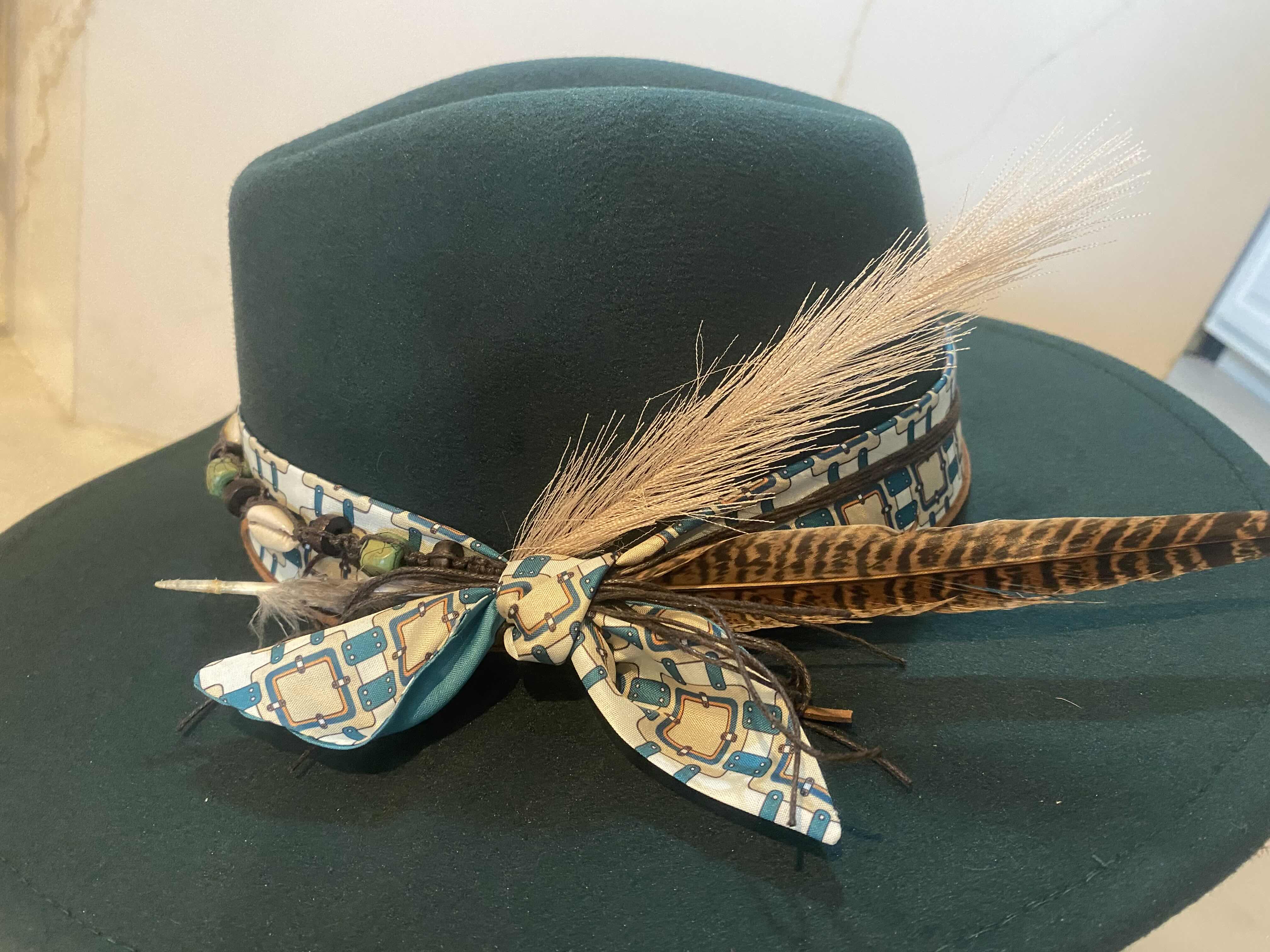 Photo 1 of NEW - CUSTOM DECORATED FOREST GREEN FEDORA HAT WITH FEATHER - ADJUSTABLE WITH INTERIOR RIBBON - TIE TO FIT