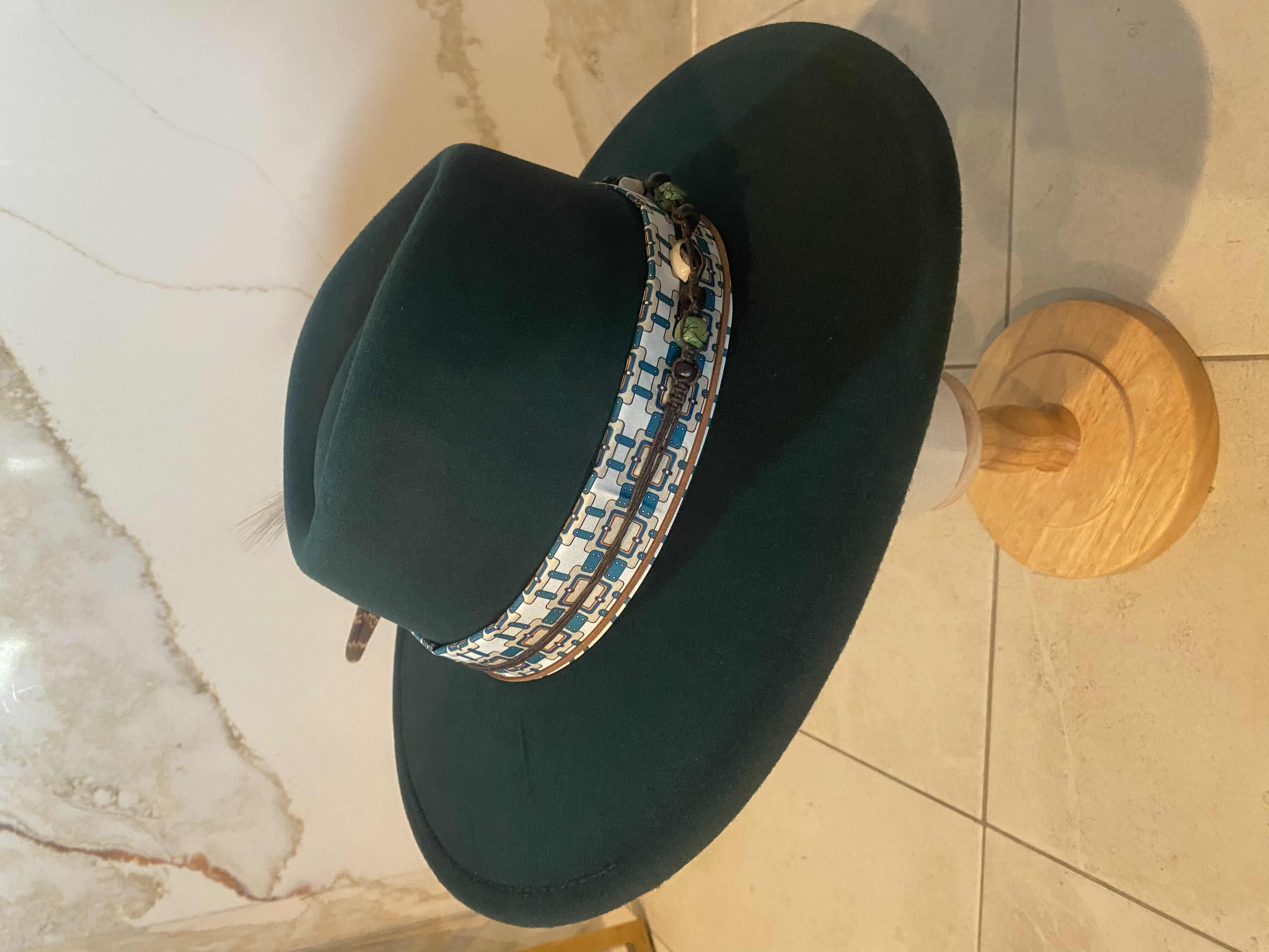 Photo 1 of NEW - CUSTOM DECORATED FOREST GREEN FEDORA HAT WITH FEATHER - ADJUSTABLE WITH INTERIOR RIBBON - TIE TO FIT
