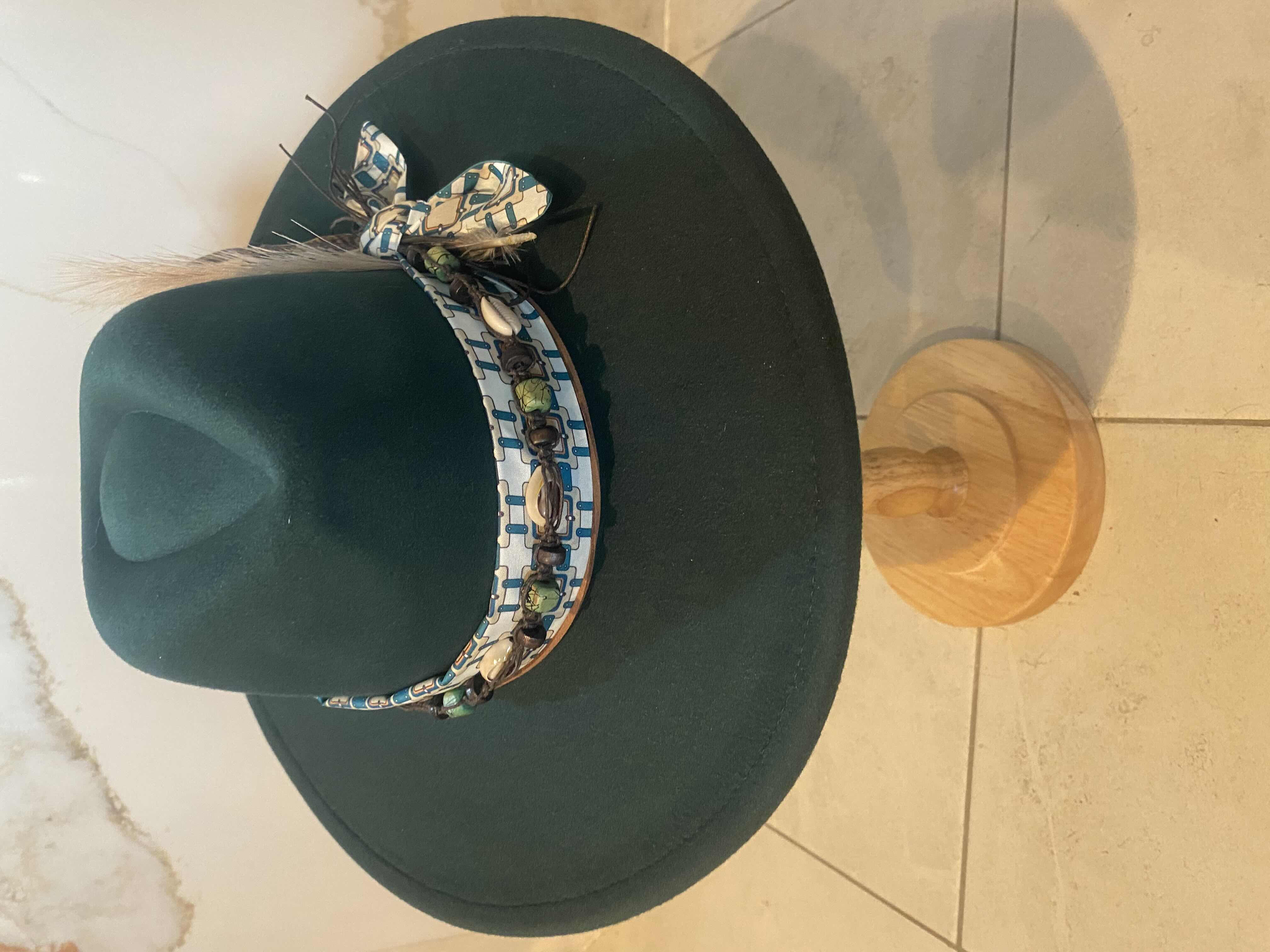 Photo 1 of NEW - CUSTOM DECORATED FOREST GREEN FEDORA HAT WITH FEATHER - ADJUSTABLE WITH INTERIOR RIBBON - TIE TO FIT