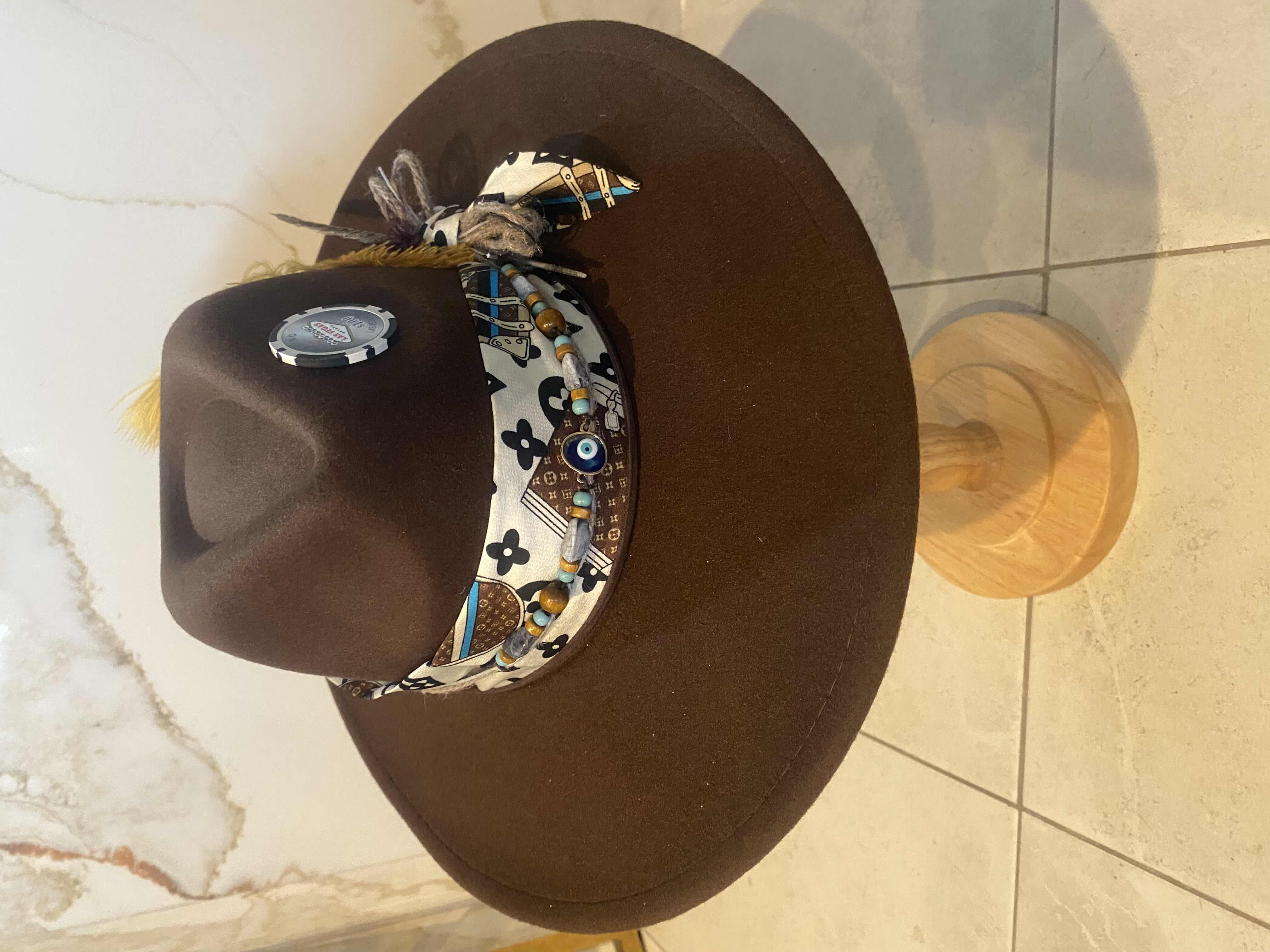 Photo 1 of NEW - CUSTOM DECORATED CHOCOLATE BROWN CASINO THEME FEDORA HAT WITH REMOVABLE FEATHERS & LOUIS VUITTON REPLICA SCARF - ADJUSTABLE WITH INTERIOR RIBBON - TIE TO FIT