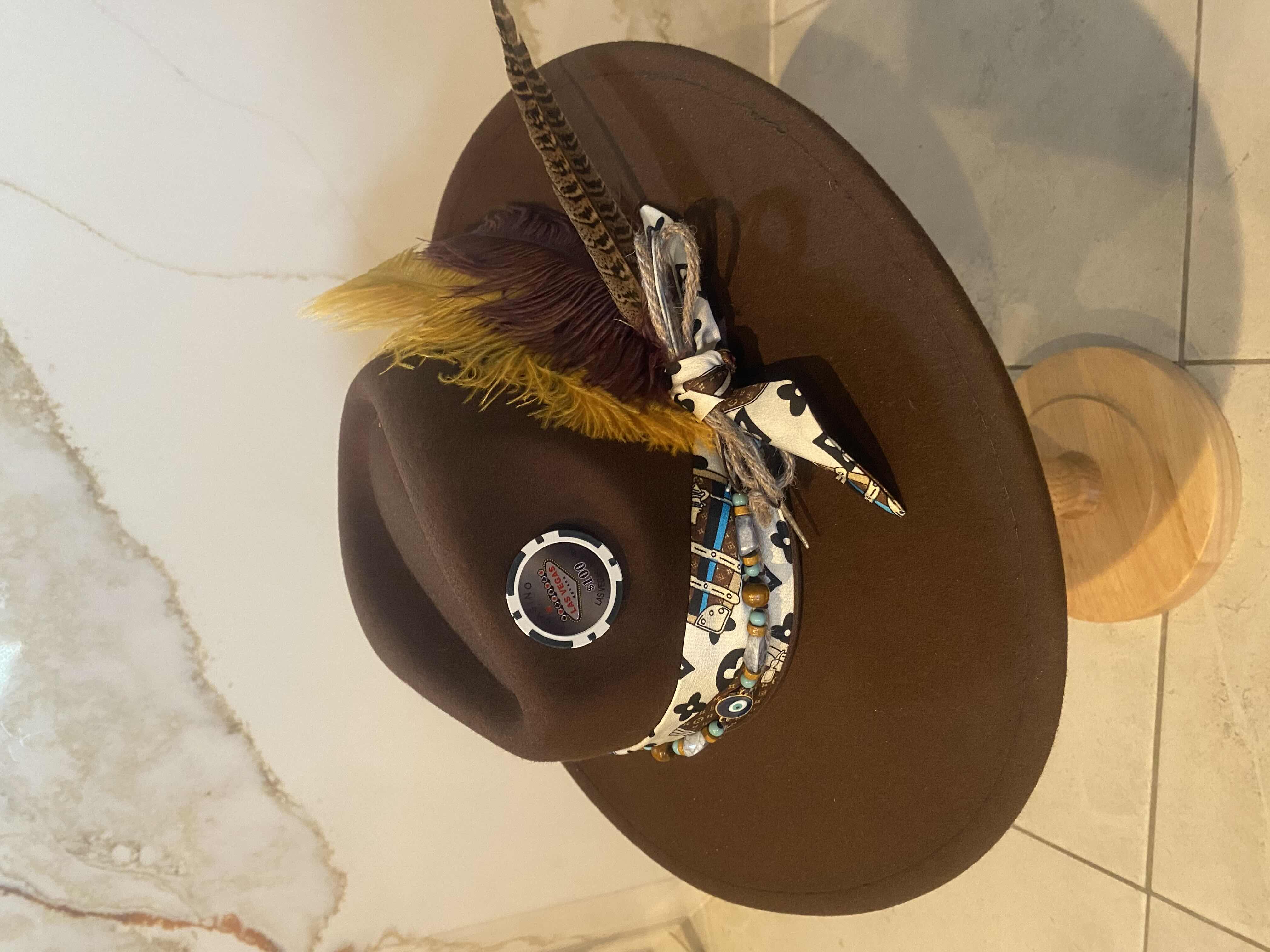 Photo 1 of NEW - CUSTOM DECORATED CHOCOLATE BROWN CASINO THEME FEDORA HAT WITH REMOVABLE FEATHERS & LOUIS VUITTON REPLICA SCARF - ADJUSTABLE WITH INTERIOR RIBBON - TIE TO FIT