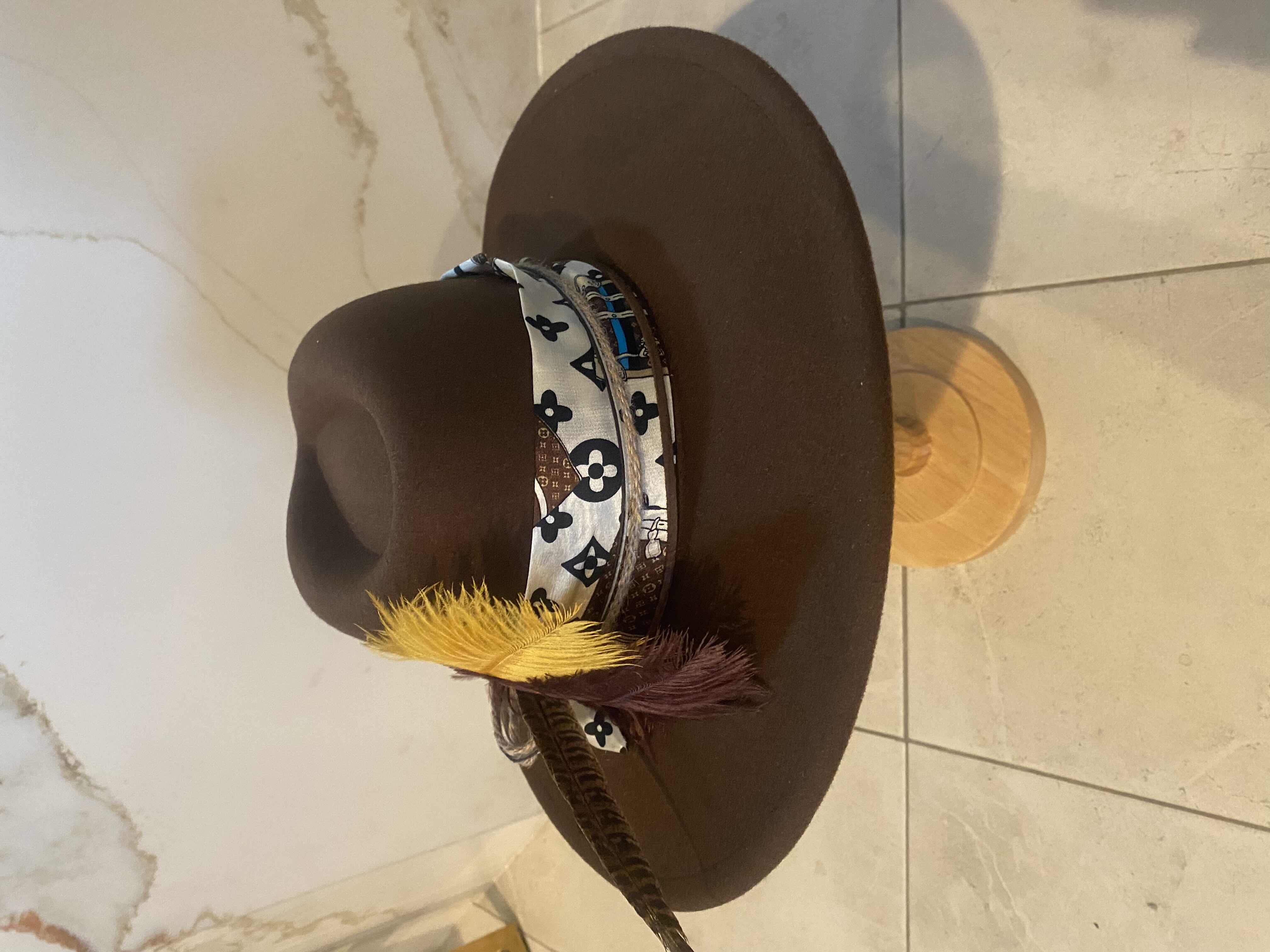 Photo 1 of NEW - CUSTOM DECORATED CHOCOLATE BROWN CASINO THEME FEDORA HAT WITH REMOVABLE FEATHERS & LOUIS VUITTON REPLICA SCARF - ADJUSTABLE WITH INTERIOR RIBBON - TIE TO FIT