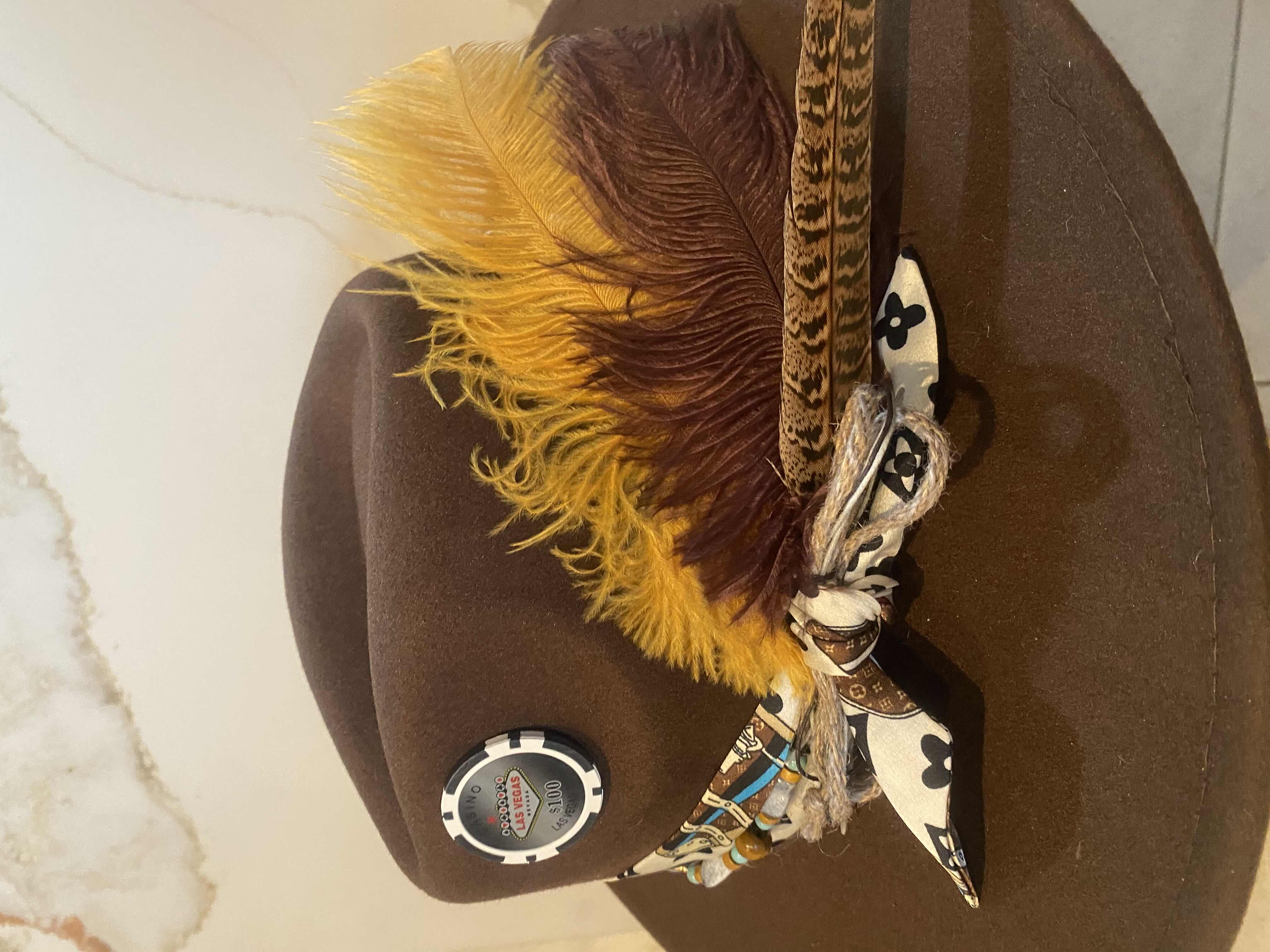 Photo 1 of NEW - CUSTOM DECORATED CHOCOLATE BROWN CASINO THEME FEDORA HAT WITH REMOVABLE FEATHERS & LOUIS VUITTON REPLICA SCARF - ADJUSTABLE WITH INTERIOR RIBBON - TIE TO FIT