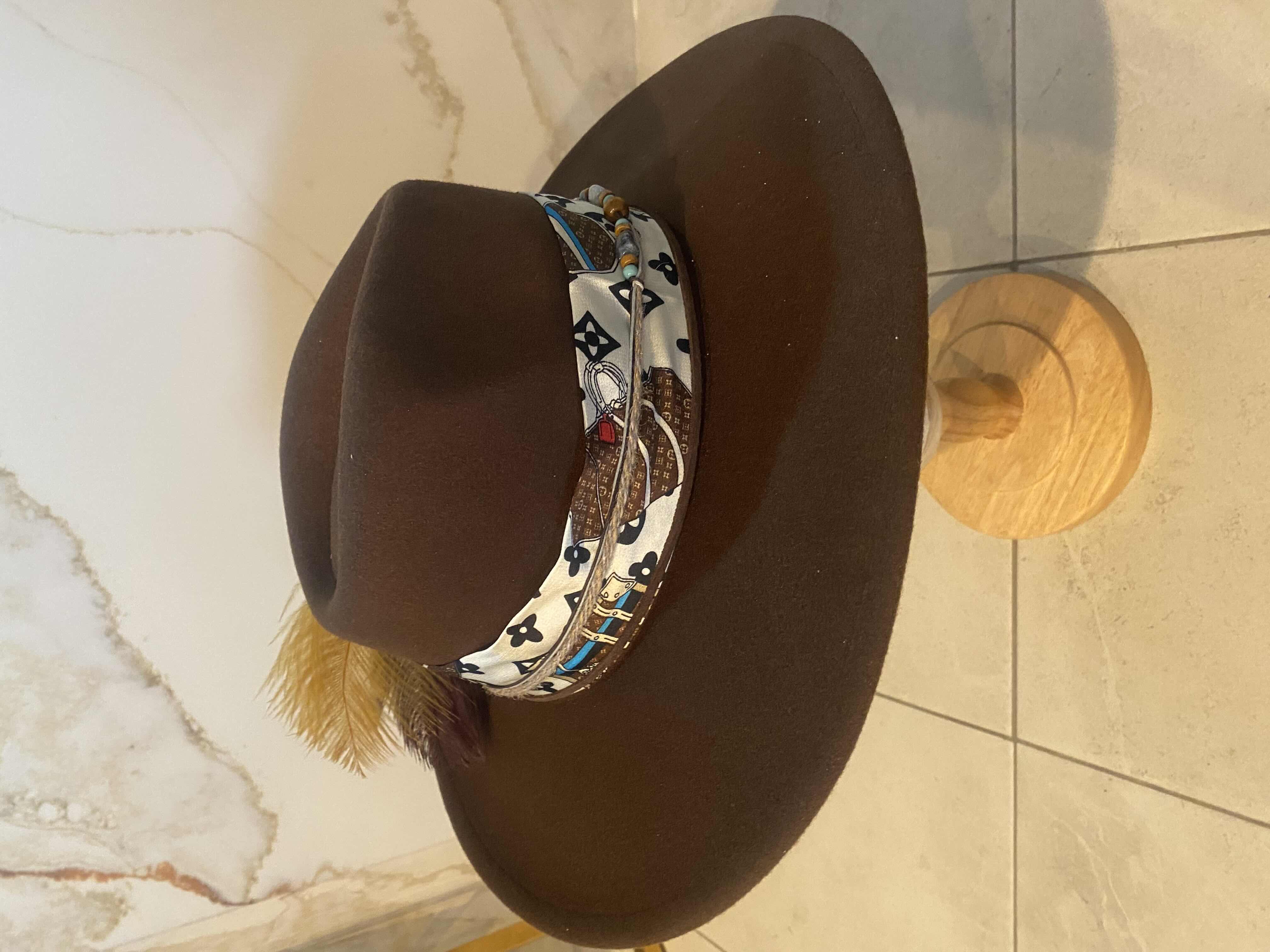 Photo 1 of NEW - CUSTOM DECORATED CHOCOLATE BROWN CASINO THEME FEDORA HAT WITH REMOVABLE FEATHERS & LOUIS VUITTON REPLICA SCARF - ADJUSTABLE WITH INTERIOR RIBBON - TIE TO FIT