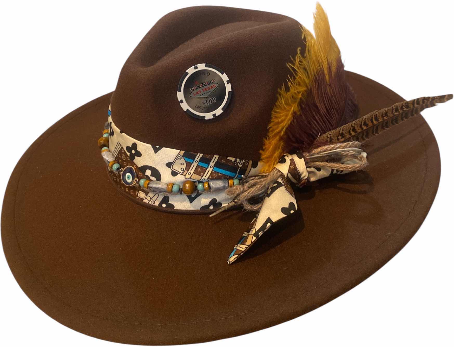 Photo 1 of NEW - CUSTOM DECORATED CHOCOLATE BROWN CASINO THEME FEDORA HAT WITH REMOVABLE FEATHERS & LOUIS VUITTON REPLICA SCARF - ADJUSTABLE WITH INTERIOR RIBBON - TIE TO FIT