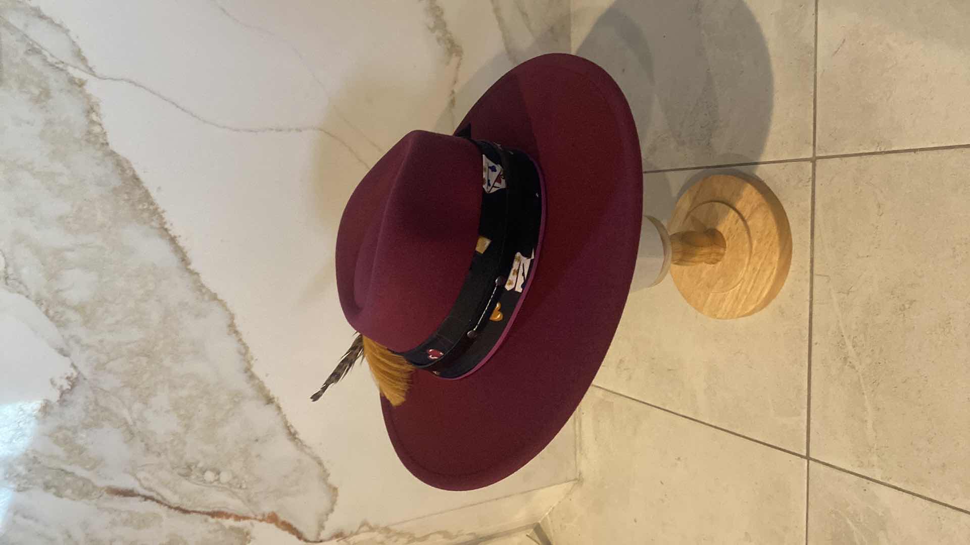 Photo 1 of NEW - CUSTOM DECORATED CABERNET CASINO THEME FEDORA HAT WITH REMOVABLE CARD & FEATHERS - ADJUSTABLE WITH INTERIOR RIBBON - TIE TO FIT