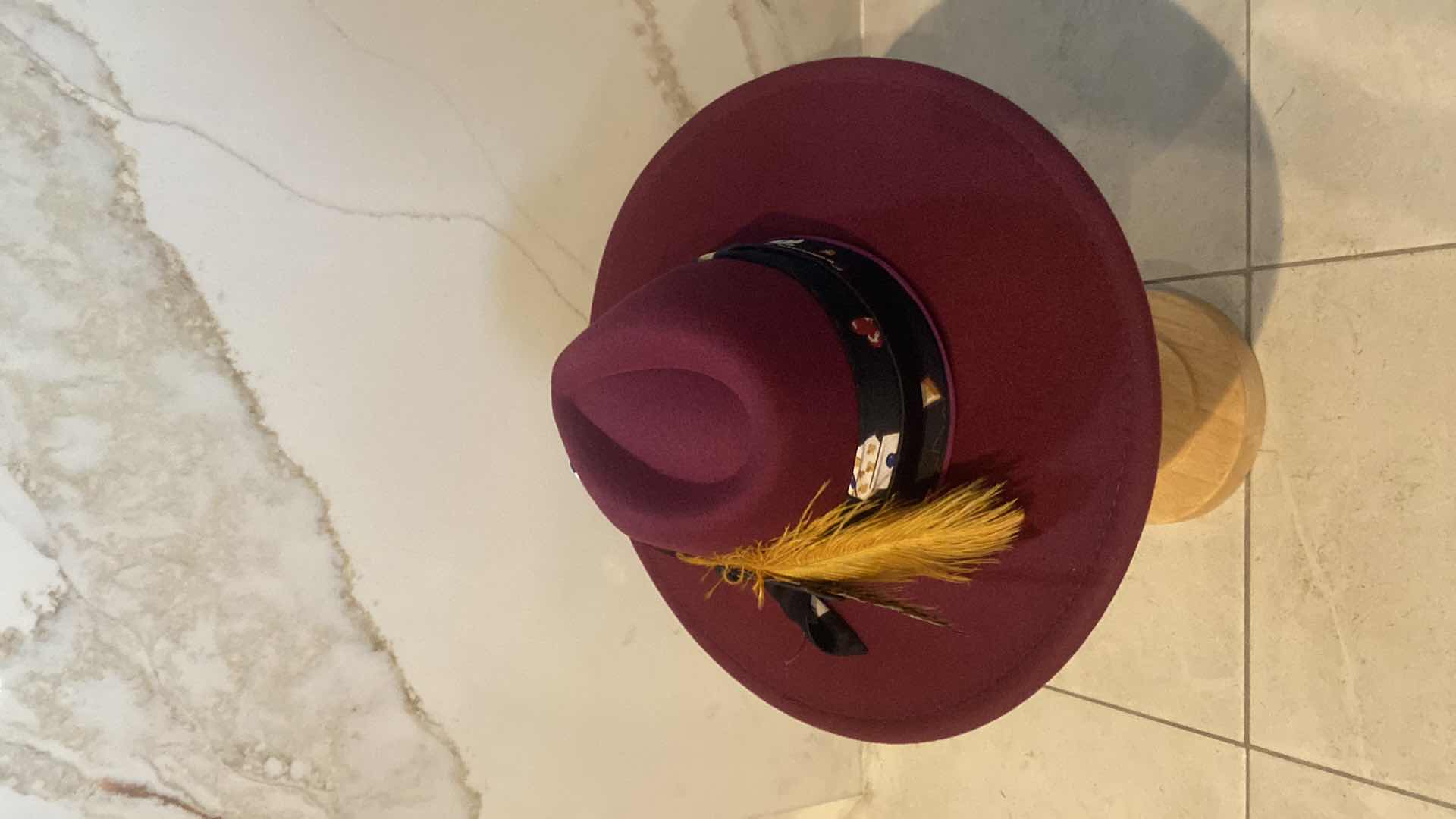 Photo 1 of NEW - CUSTOM DECORATED CABERNET CASINO THEME FEDORA HAT WITH REMOVABLE CARD & FEATHERS - ADJUSTABLE WITH INTERIOR RIBBON - TIE TO FIT