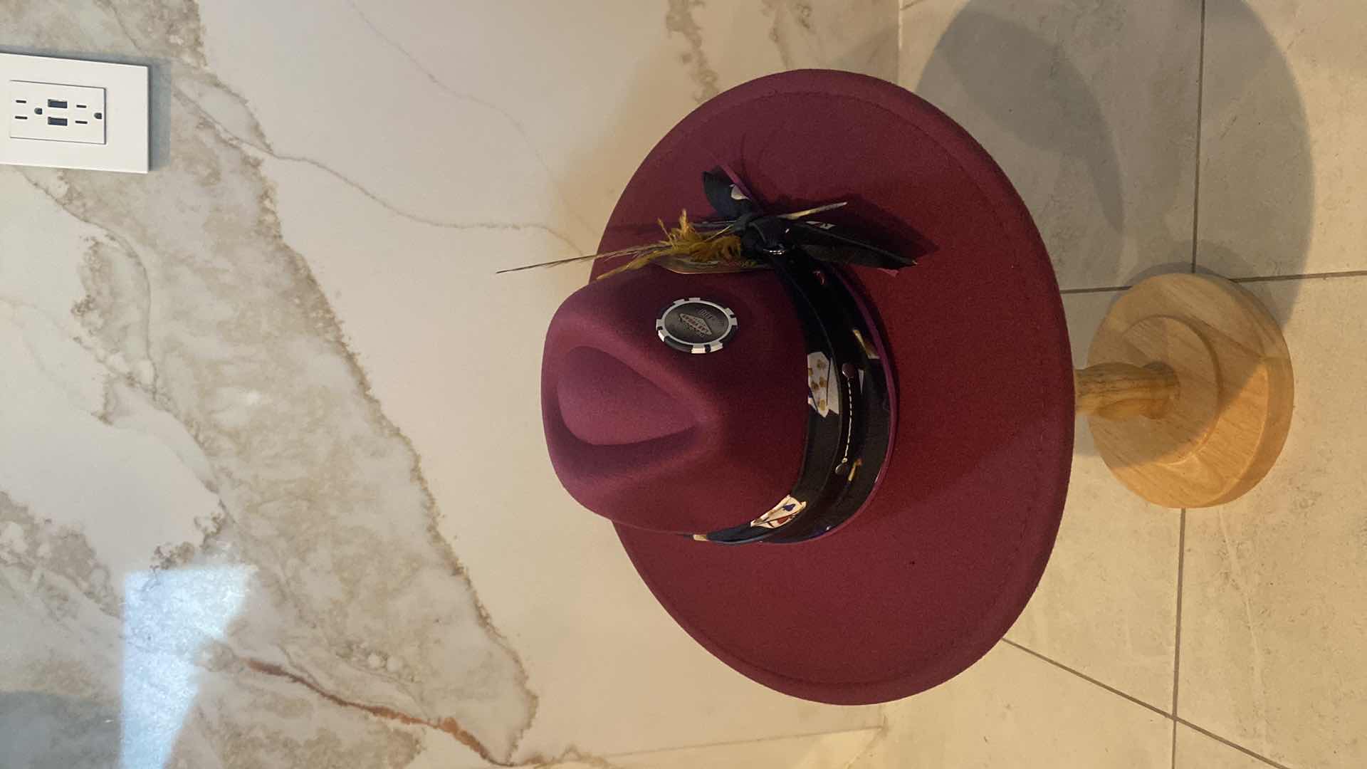 Photo 1 of NEW - CUSTOM DECORATED CABERNET CASINO THEME FEDORA HAT WITH REMOVABLE CARD & FEATHERS - ADJUSTABLE WITH INTERIOR RIBBON - TIE TO FIT