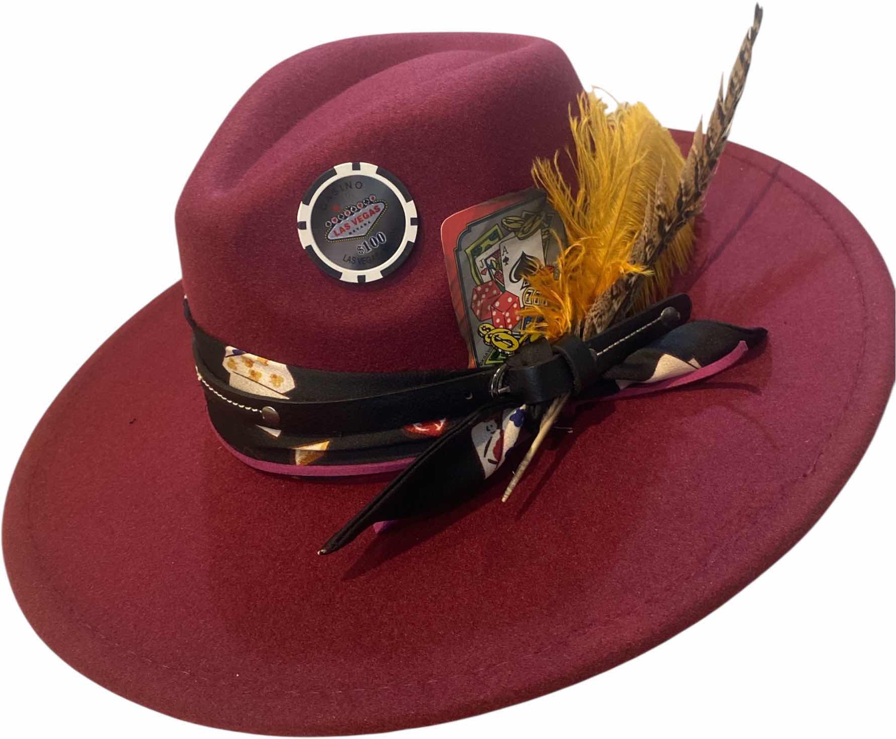 Photo 1 of NEW - CUSTOM DECORATED CABERNET CASINO THEME FEDORA HAT WITH REMOVABLE CARD & FEATHERS - ADJUSTABLE WITH INTERIOR RIBBON - TIE TO FIT