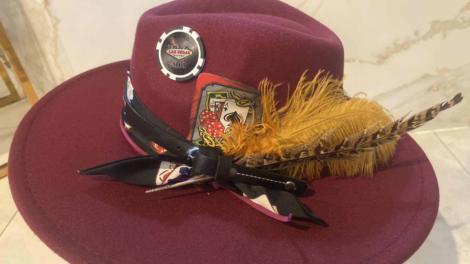 Photo 1 of NEW - CUSTOM DECORATED CABERNET CASINO THEME FEDORA HAT WITH REMOVABLE CARD & FEATHERS - ADJUSTABLE WITH INTERIOR RIBBON - TIE TO FIT