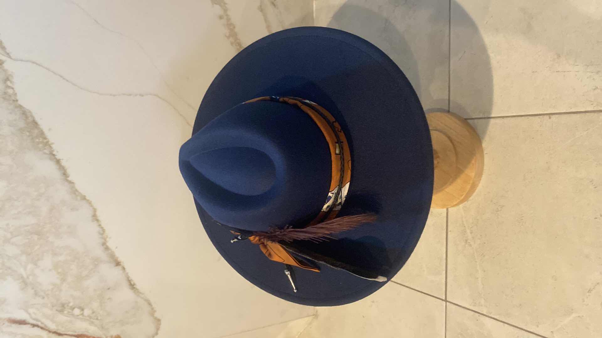 Photo 1 of NEW - CUSTOM DECORATED NAVY BLUE CASINO THEME FEDORA HAT WITH REMOVABLE CARD & FEATHER - ADJUSTABLE WITH INTERIOR RIBBON - TIE TO FIT