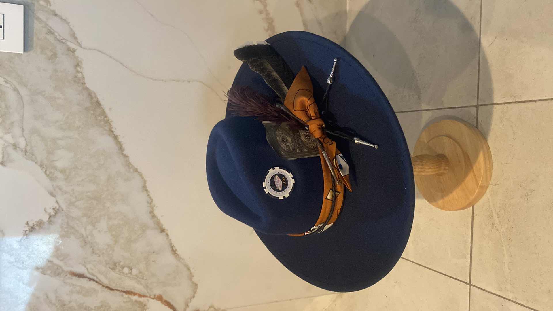 Photo 1 of NEW - CUSTOM DECORATED NAVY BLUE CASINO THEME FEDORA HAT WITH REMOVABLE CARD & FEATHER - ADJUSTABLE WITH INTERIOR RIBBON - TIE TO FIT