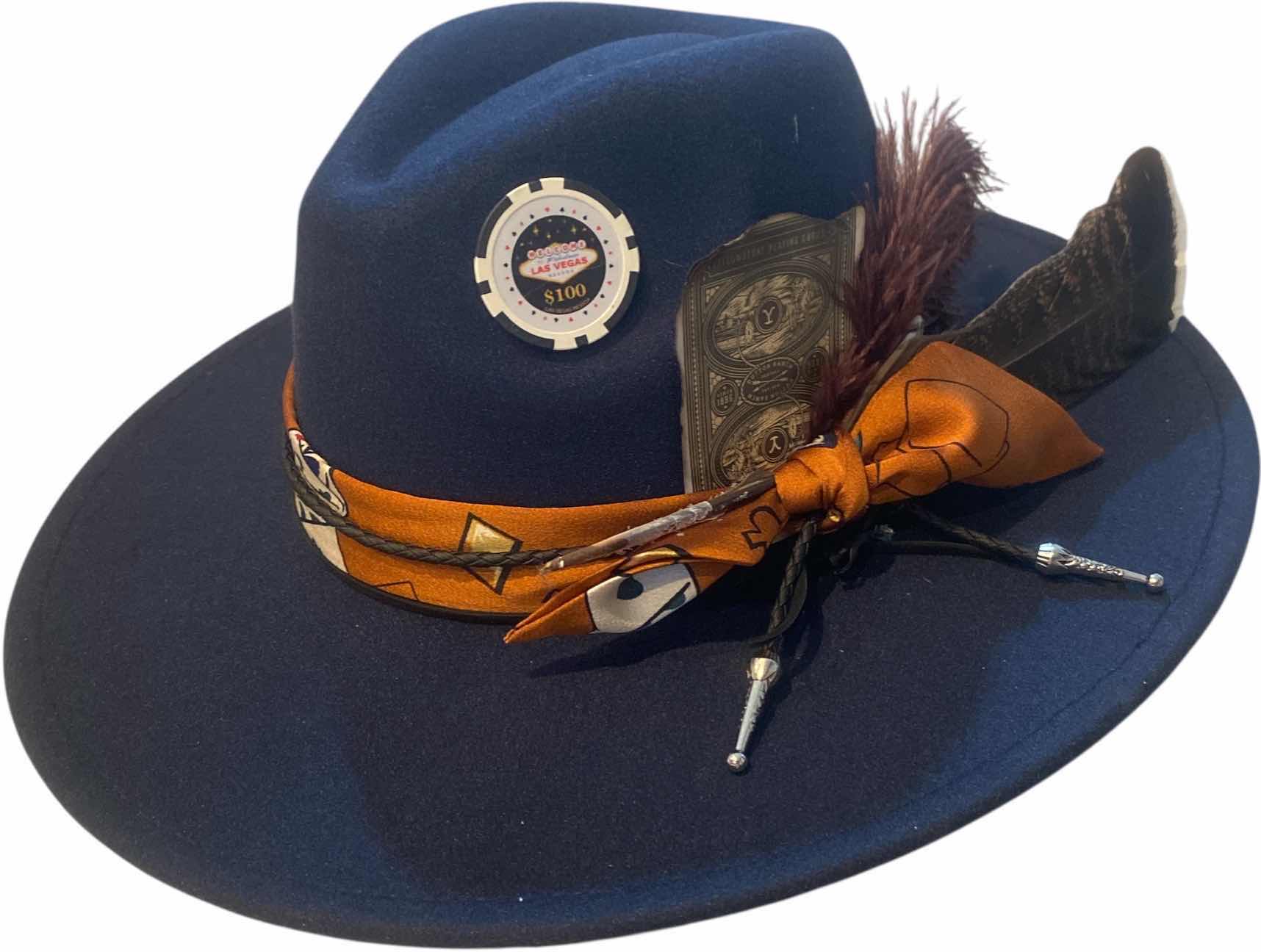 Photo 1 of NEW - CUSTOM DECORATED NAVY BLUE CASINO THEME FEDORA HAT WITH REMOVABLE CARD & FEATHER - ADJUSTABLE WITH INTERIOR RIBBON - TIE TO FIT