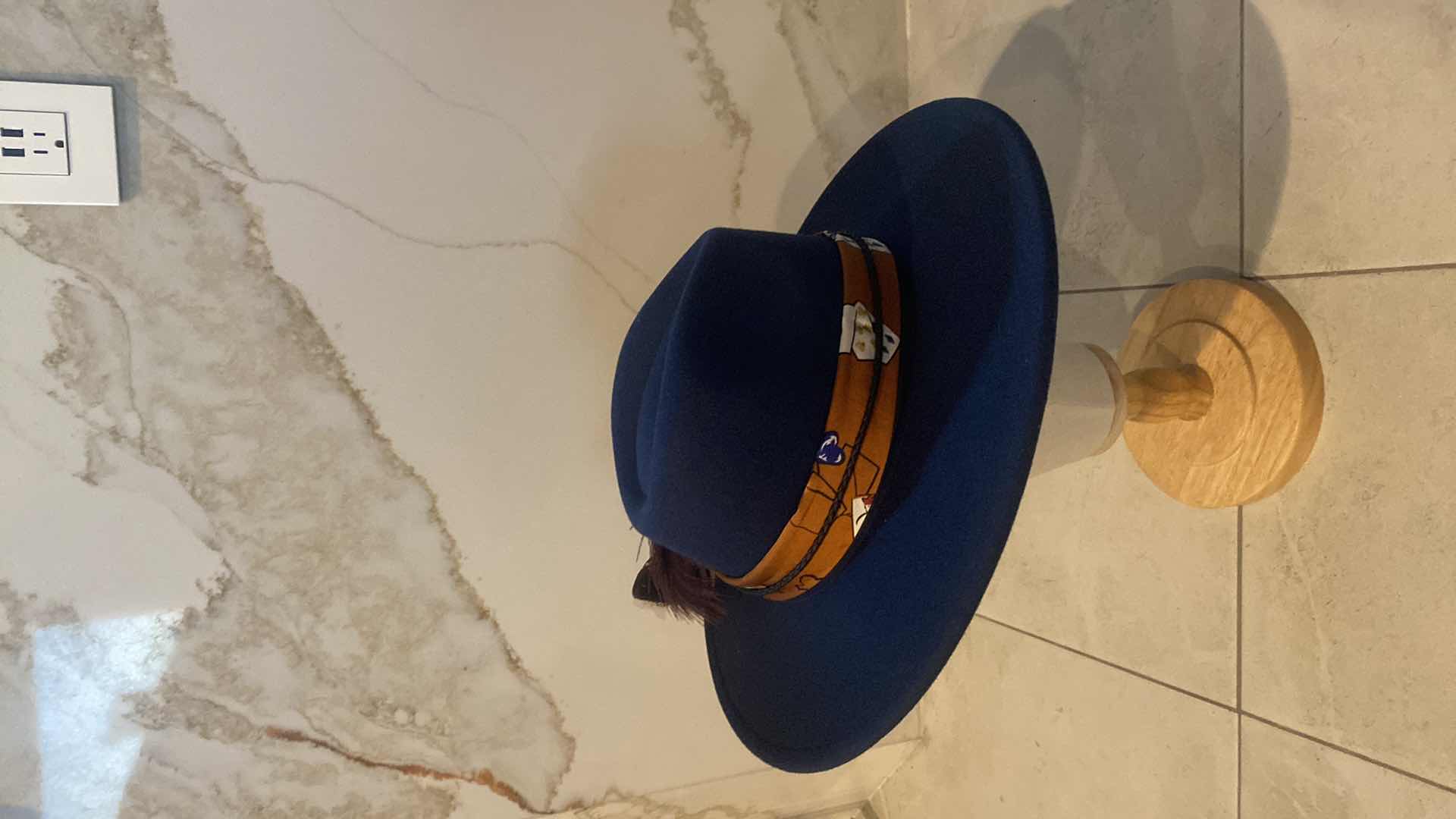 Photo 1 of NEW - CUSTOM DECORATED NAVY BLUE CASINO THEME FEDORA HAT WITH REMOVABLE CARD & FEATHER - ADJUSTABLE WITH INTERIOR RIBBON - TIE TO FIT
