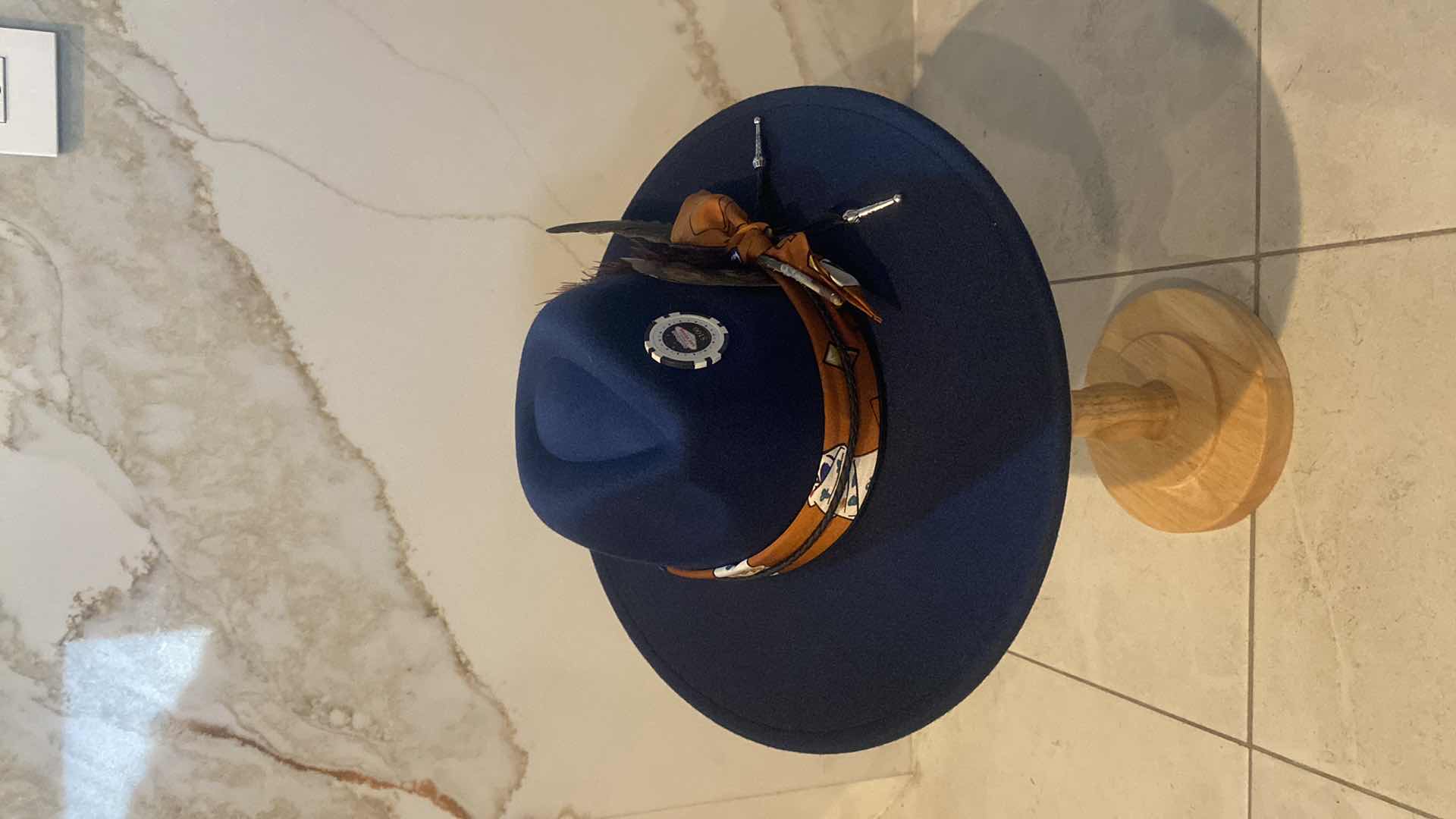 Photo 1 of NEW - CUSTOM DECORATED NAVY BLUE CASINO THEME FEDORA HAT WITH REMOVABLE CARD & FEATHER - ADJUSTABLE WITH INTERIOR RIBBON - TIE TO FIT