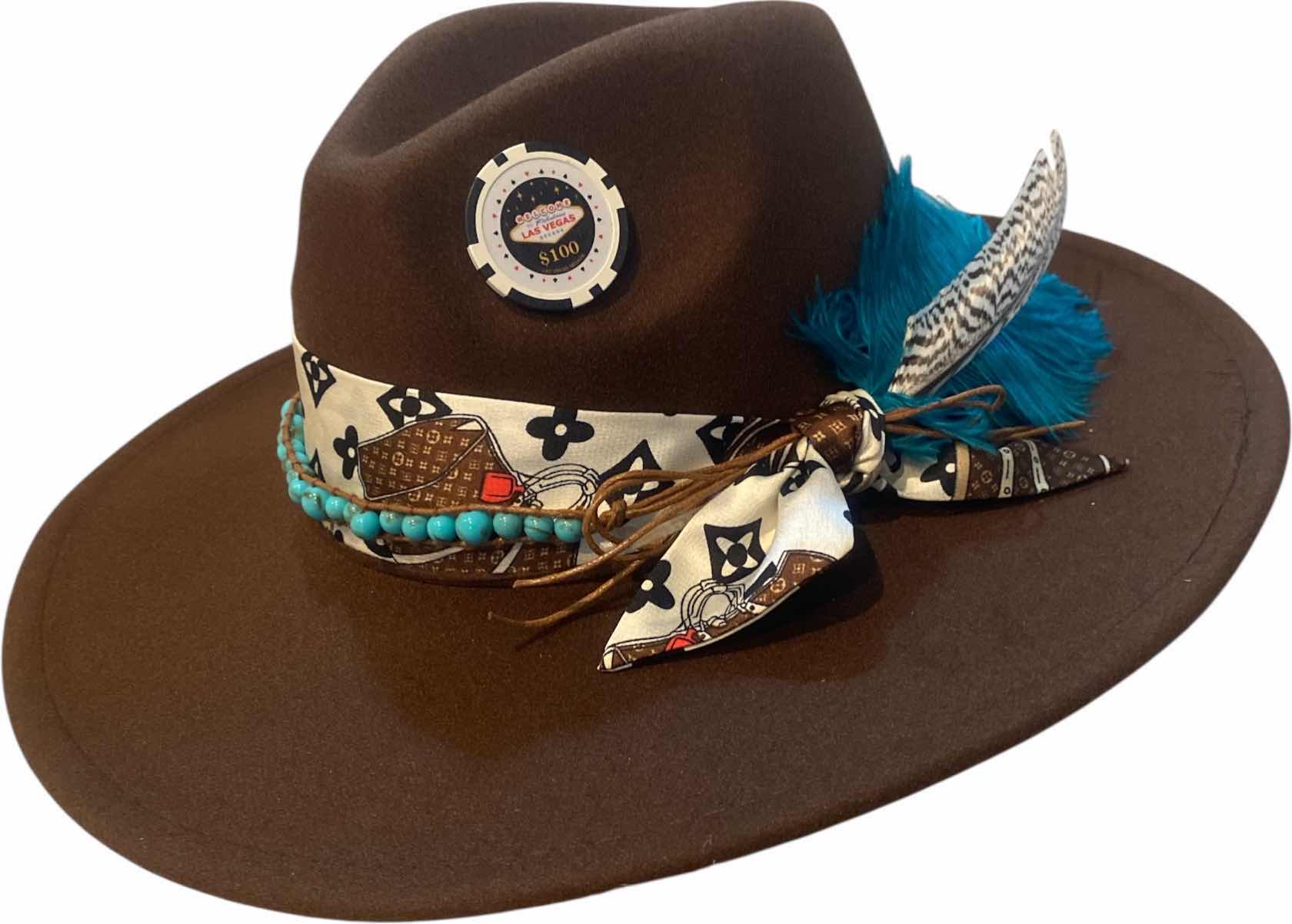 Photo 1 of NEW - CUSTOM DECORATED CHOCOLATE BROWN CASINO THEME FEDORA HAT WITH REMOVABLE FEATHERS & LOUIS VUITTON REPLICA SCARF - ADJUSTABLE WITH INTERIOR RIBBON - TIE TO FIT