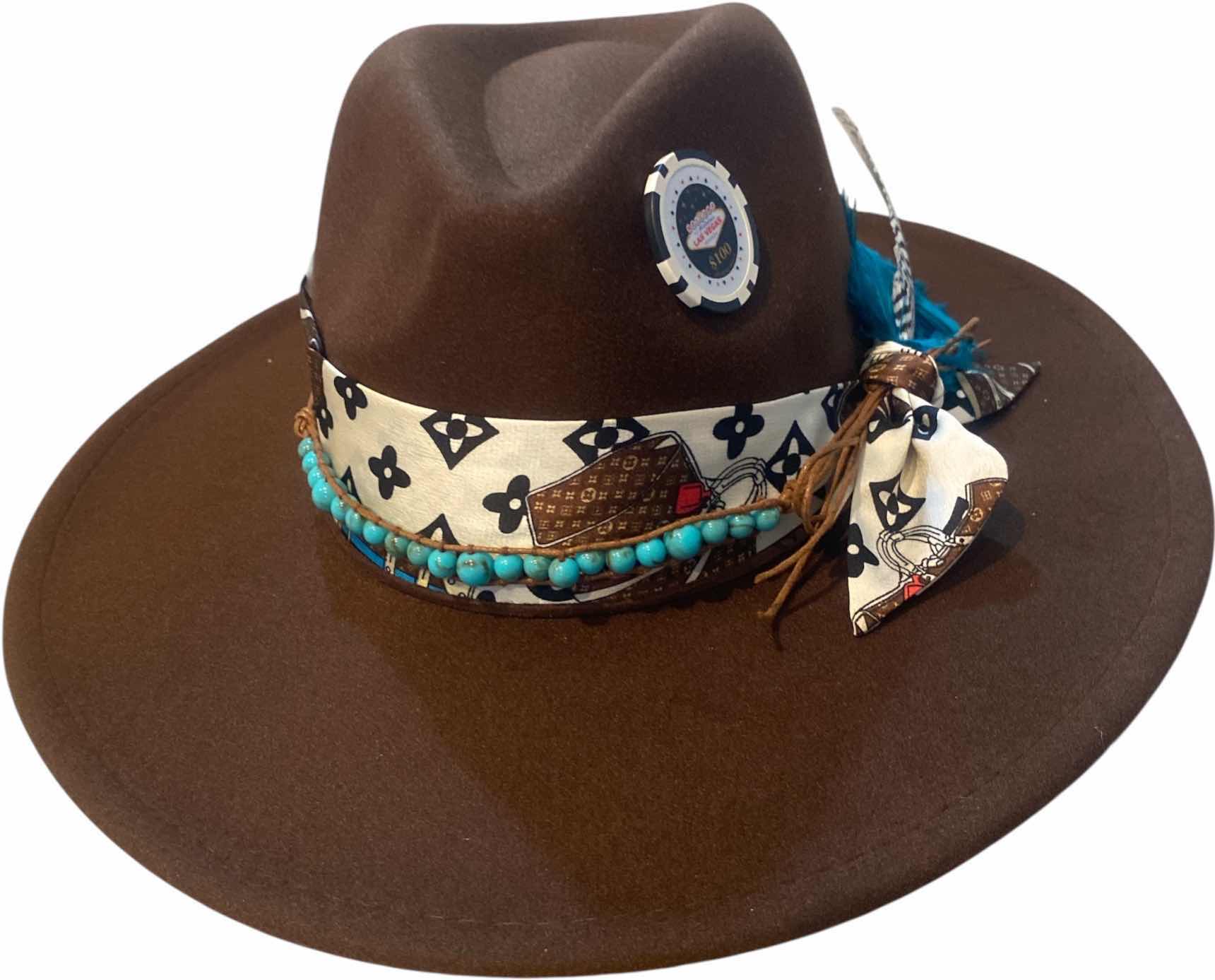 Photo 1 of NEW - CUSTOM DECORATED CHOCOLATE BROWN CASINO THEME FEDORA HAT WITH REMOVABLE FEATHERS & LOUIS VUITTON REPLICA SCARF - ADJUSTABLE WITH INTERIOR RIBBON - TIE TO FIT