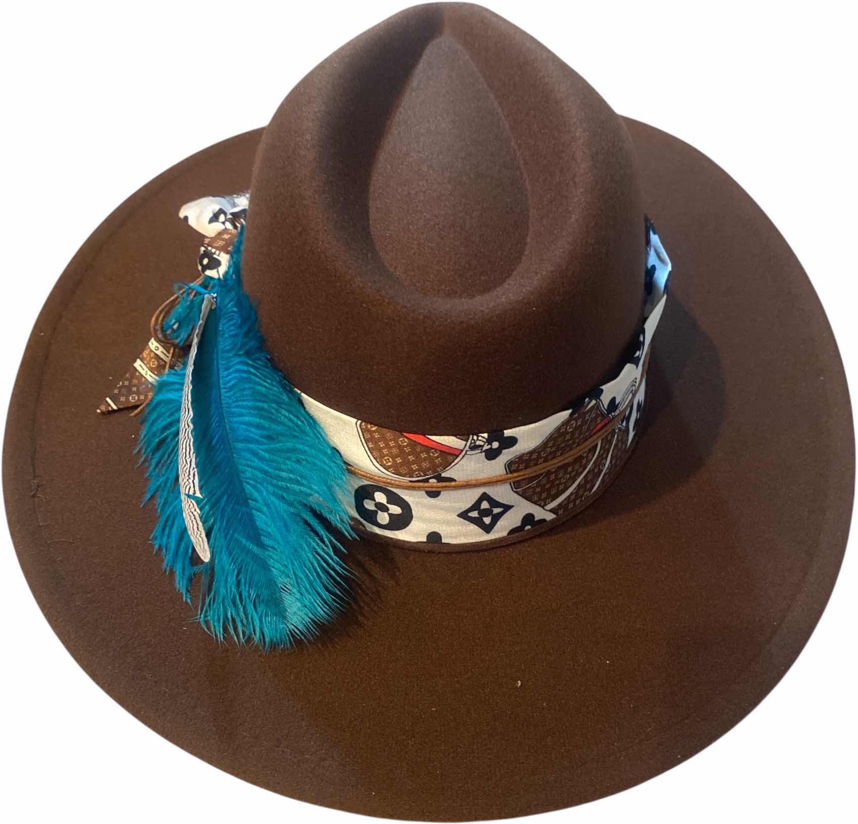 Photo 1 of NEW - CUSTOM DECORATED CHOCOLATE BROWN CASINO THEME FEDORA HAT WITH REMOVABLE FEATHERS & LOUIS VUITTON REPLICA SCARF - ADJUSTABLE WITH INTERIOR RIBBON - TIE TO FIT