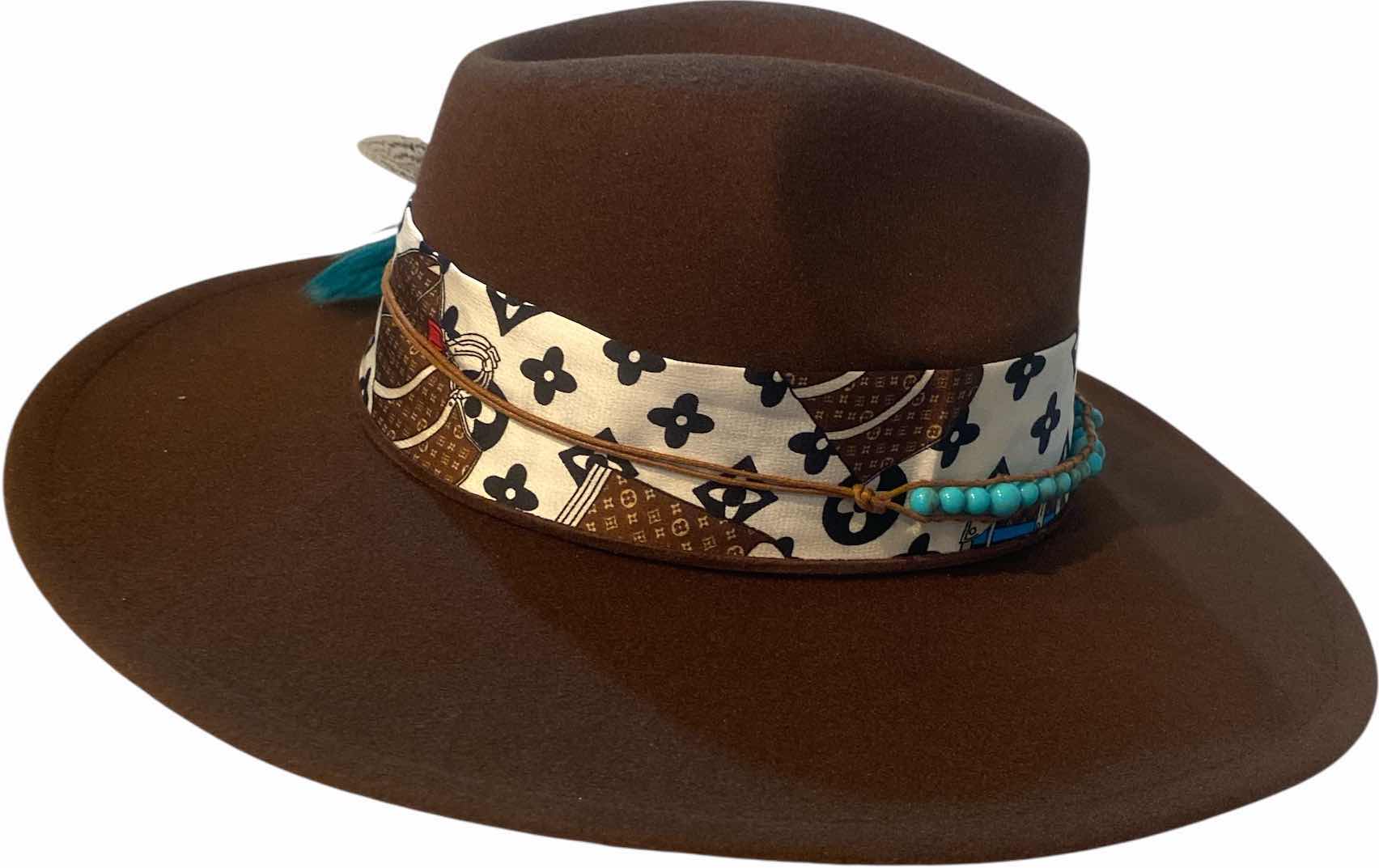Photo 1 of NEW - CUSTOM DECORATED CHOCOLATE BROWN CASINO THEME FEDORA HAT WITH REMOVABLE FEATHERS & LOUIS VUITTON REPLICA SCARF - ADJUSTABLE WITH INTERIOR RIBBON - TIE TO FIT