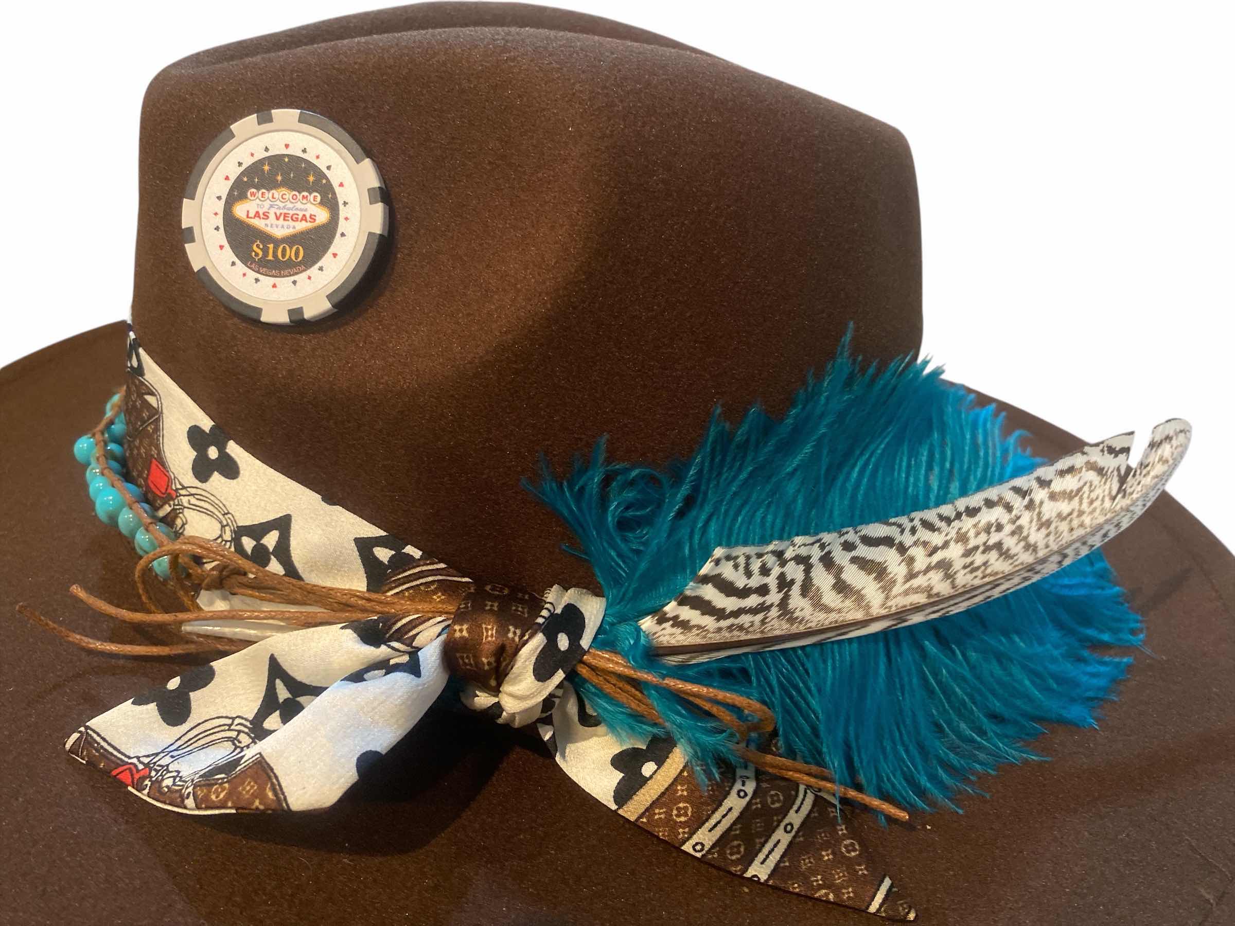 Photo 1 of NEW - CUSTOM DECORATED CHOCOLATE BROWN CASINO THEME FEDORA HAT WITH REMOVABLE FEATHERS & LOUIS VUITTON REPLICA SCARF - ADJUSTABLE WITH INTERIOR RIBBON - TIE TO FIT