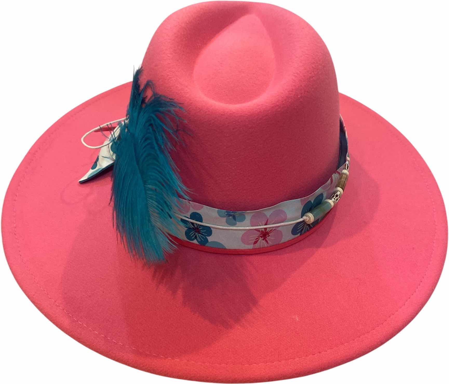 Photo 1 of NEW - CUSTOM VIVID PINK FEDORA HAT WITH REMOVABLE FEATHERS - ADJUSTABLE WITH INTERIOR RIBBON - TIE TO FIT