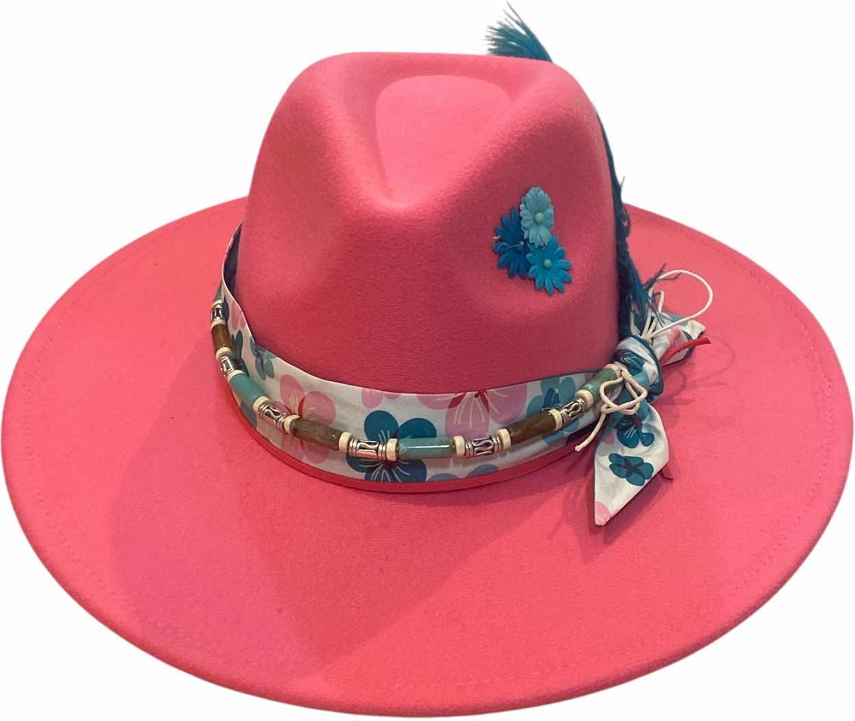 Photo 1 of NEW - CUSTOM VIVID PINK FEDORA HAT WITH REMOVABLE FEATHERS - ADJUSTABLE WITH INTERIOR RIBBON - TIE TO FIT